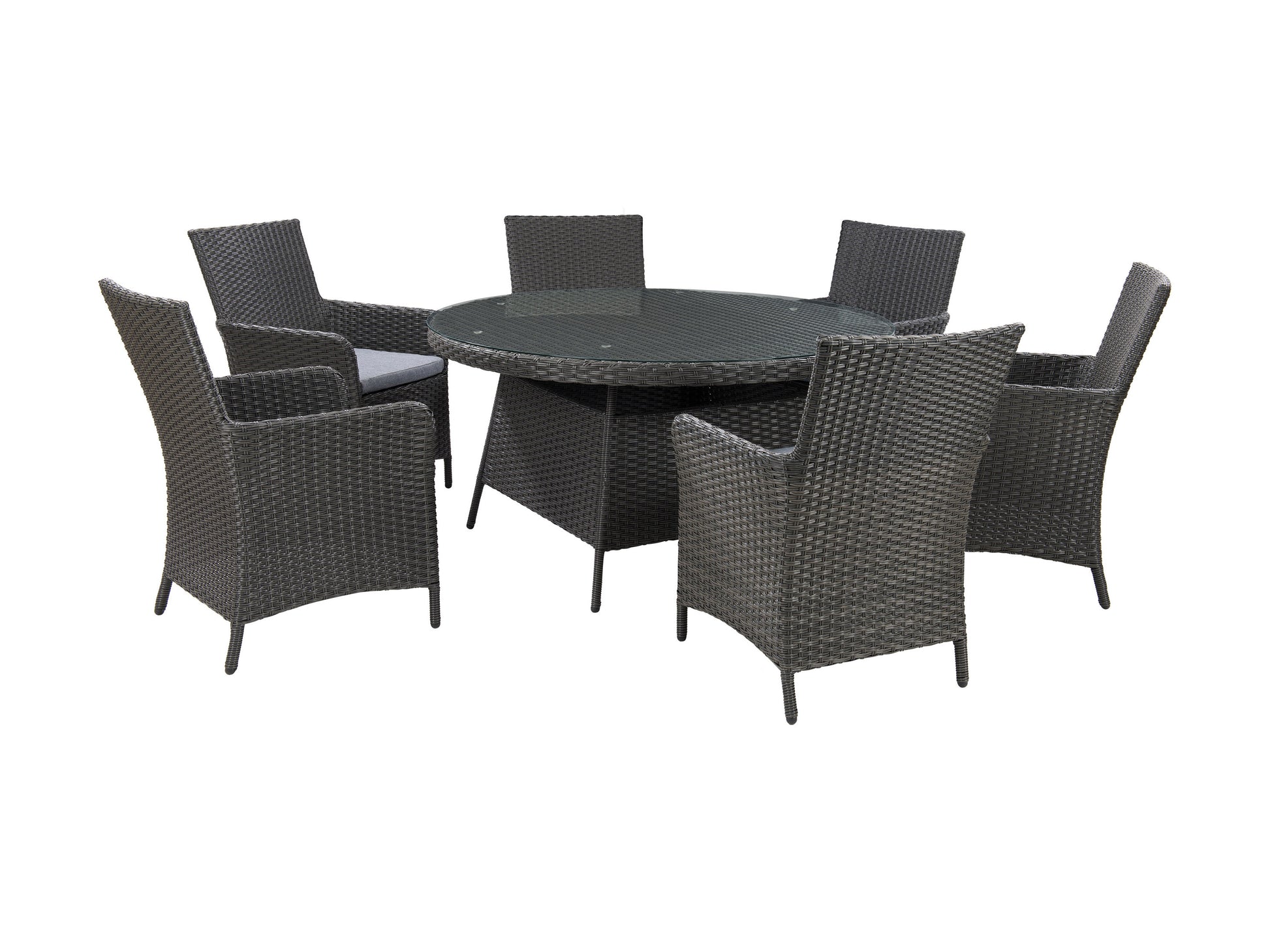Weather-resistant 7-piece patio dining set with a rectangular table and six cushioned chairs, featuring a durable metal frame and neutral beige cushions, perfect for outdoor use in all seasons.