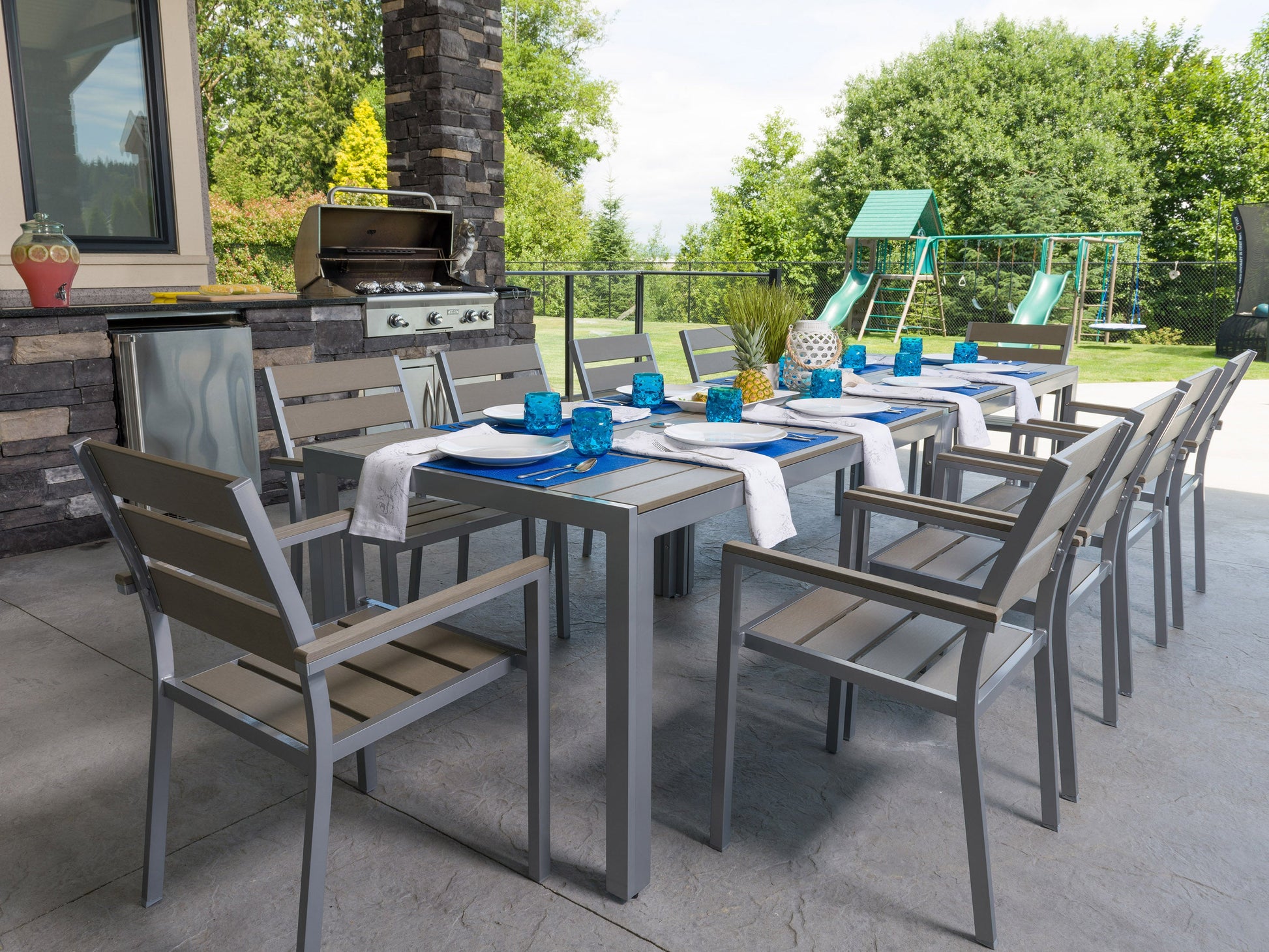 Alt Tag: Set of 4 grey patio dining chairs with cushioned seats, sturdy metal frames, and weather-resistant fabric, perfect for outdoor use and comfortable dining experiences.