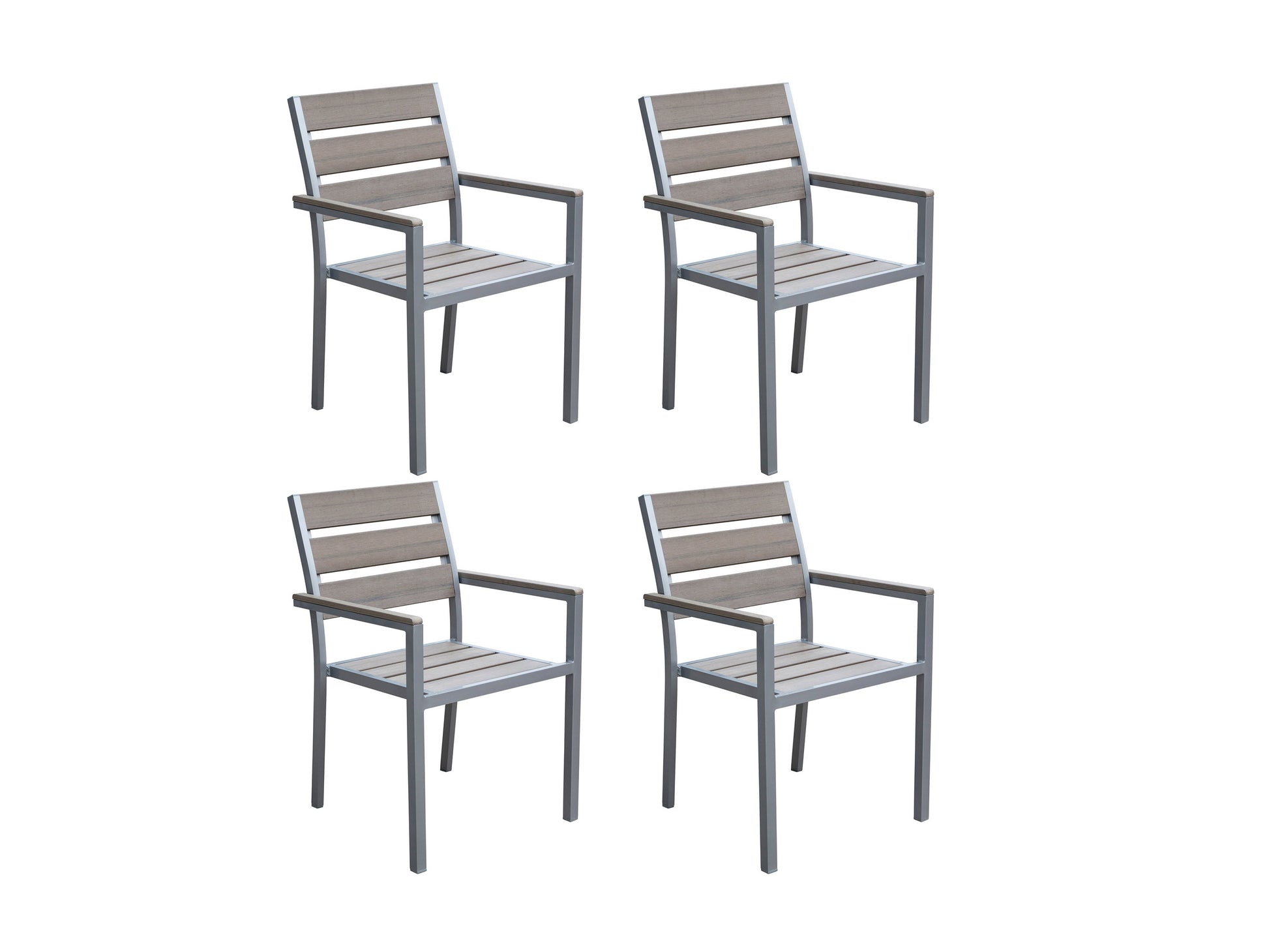 Alt Tag: Set of 4 grey patio dining chairs with cushioned seats, sturdy metal frames, and weather-resistant fabric, perfect for outdoor use and comfortable dining experiences.