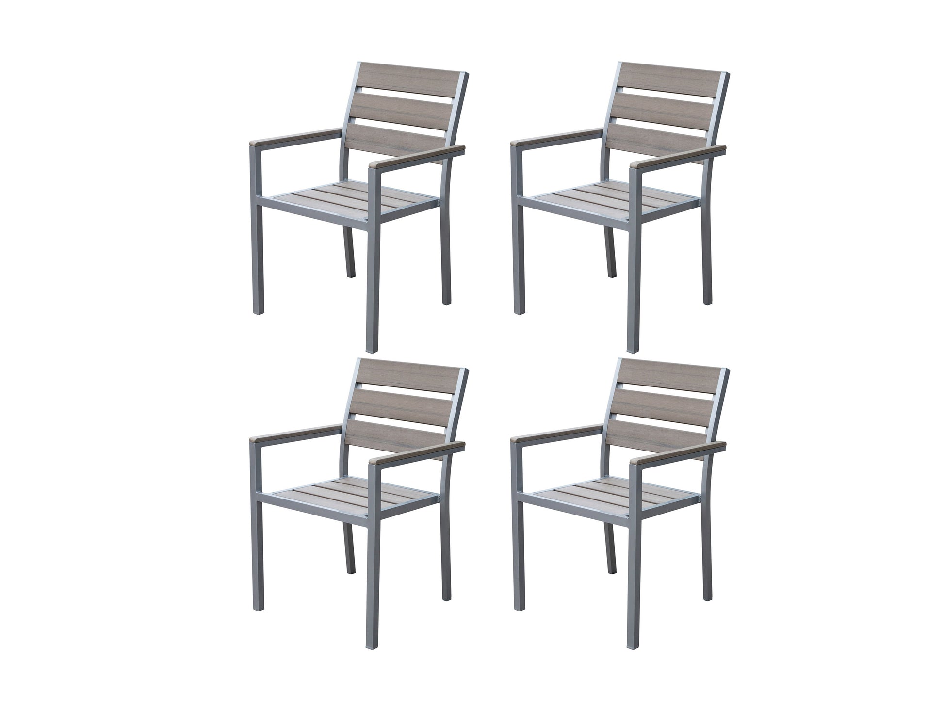 Alt Tag: Set of 4 grey patio dining chairs with cushioned seats, sturdy metal frames, and weather-resistant fabric, perfect for outdoor use and comfortable dining experiences.