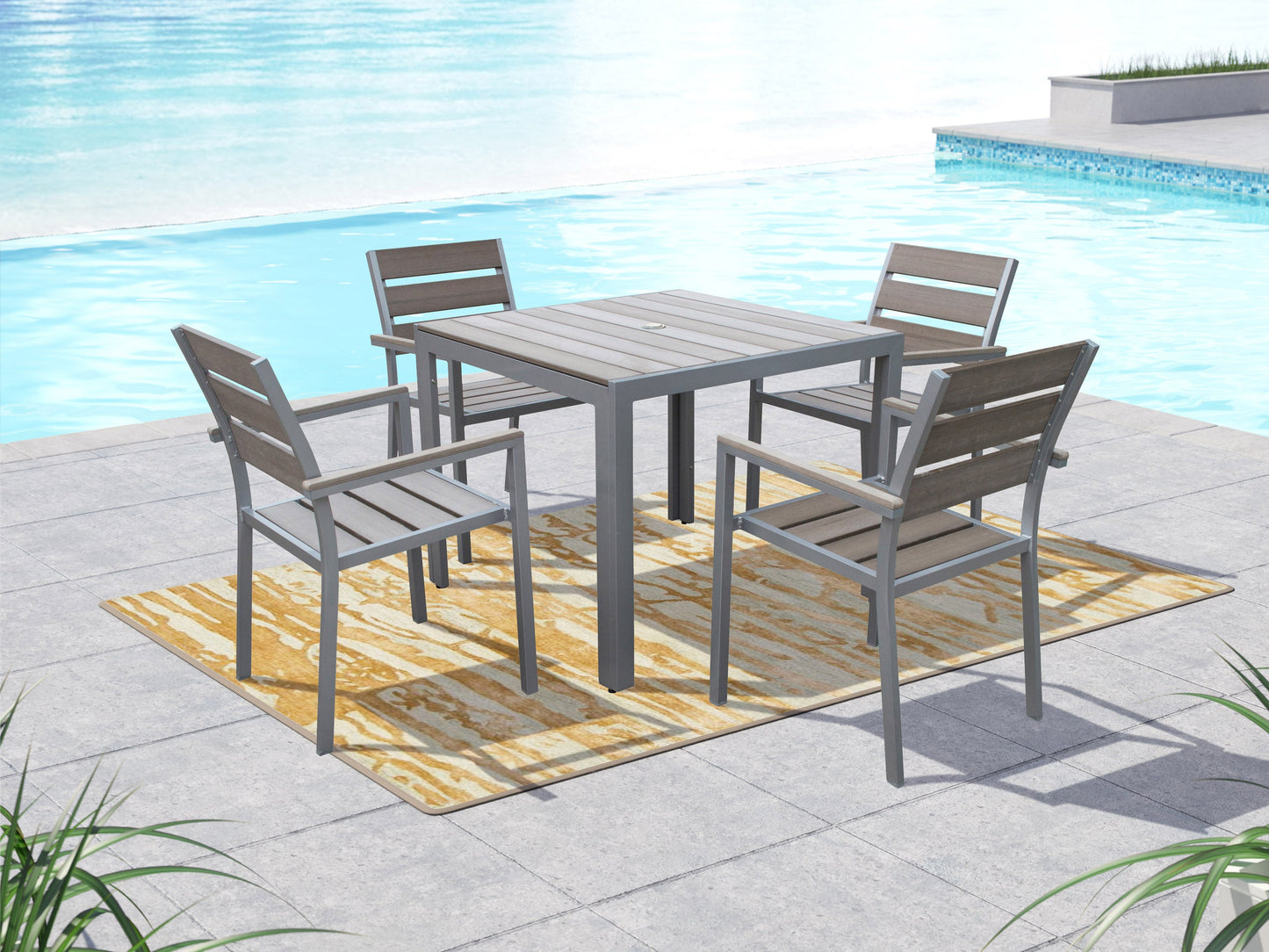 Set of four brown wicker patio dining chairs with beige cushions, featuring sturdy metal frames and curved armrests, perfect for outdoor dining and entertaining.