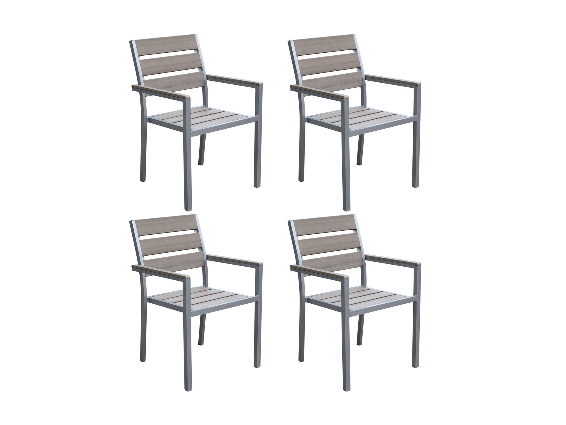 Set of 4 modern patio dining chairs with grey cushions, black metal frames, and slatted wooden armrests, perfect for outdoor seating and dining.