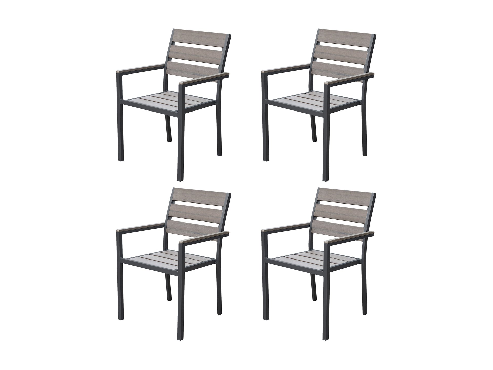 Set of 4 charcoal grey patio dining chairs with sleek metal frames, weather-resistant fabric, and cushioned seats, perfect for outdoor dining and entertaining.