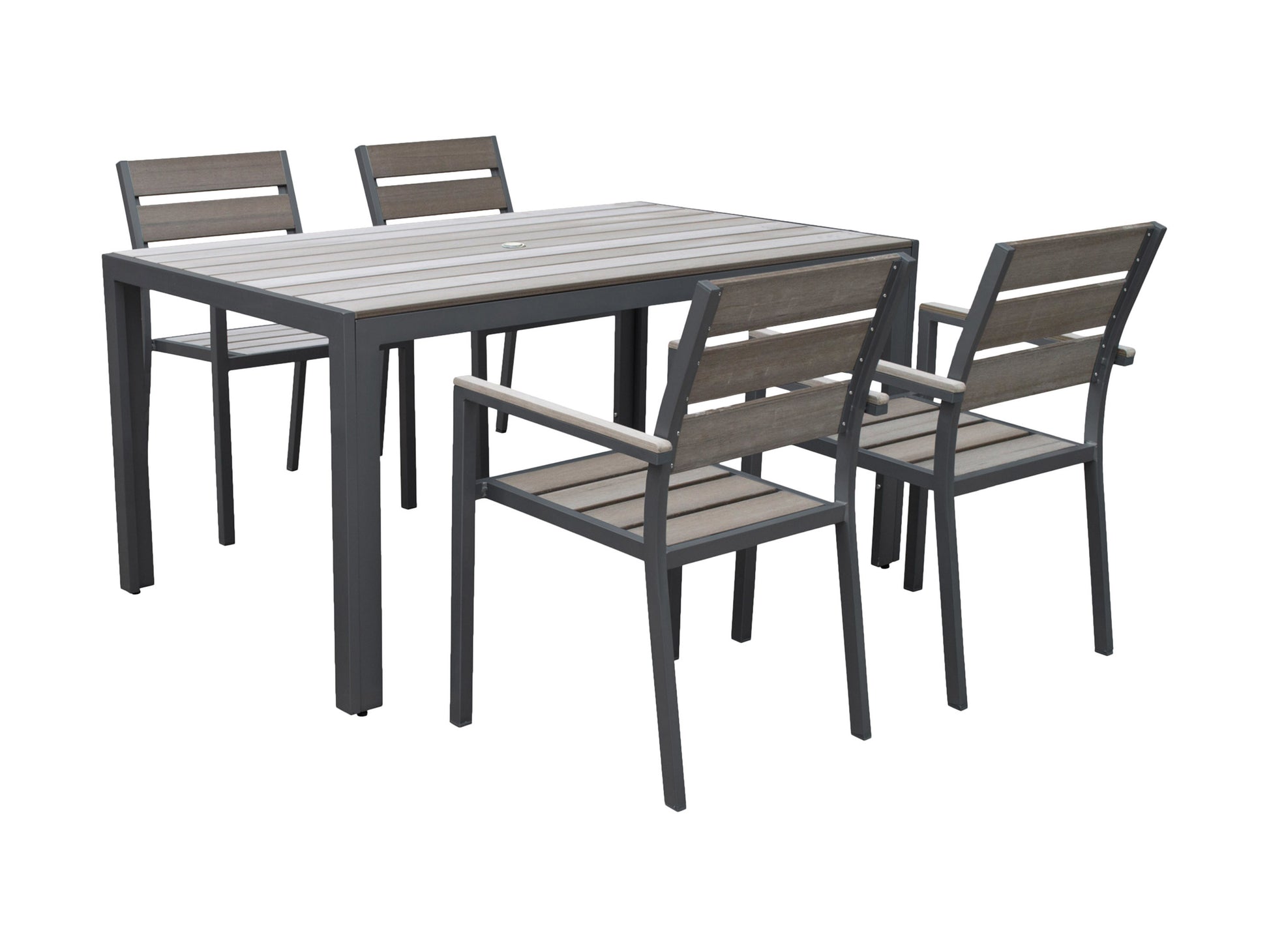 Modern 5-piece patio dining set with sleek gray aluminum frame, cushioned chairs, and a rectangular glass-top table, perfect for outdoor dining and entertaining.