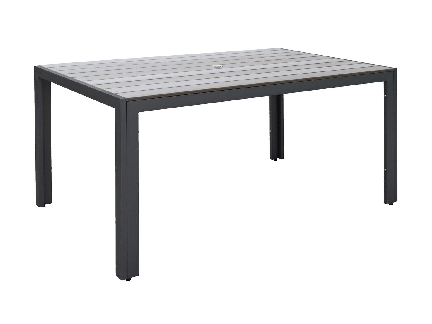 Modern outdoor patio dining set with rectangular wooden table and four cushioned chairs in beige and brown tones, featuring sturdy metal frames and weather-resistant materials, perfect for alfresco dining.