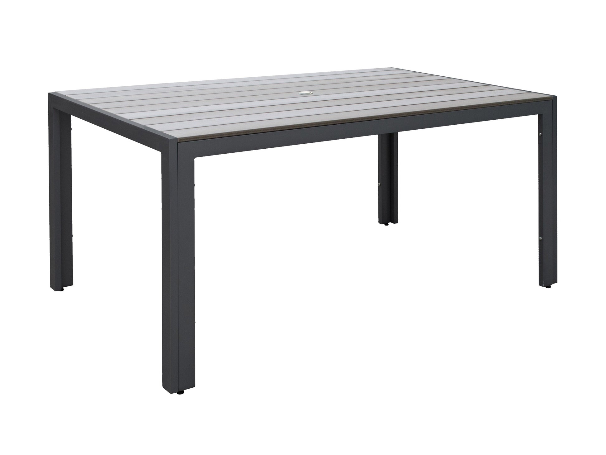 Modern outdoor patio dining set with rectangular wooden table and four cushioned chairs in beige and brown tones, featuring sturdy metal frames and weather-resistant materials, perfect for alfresco dining.