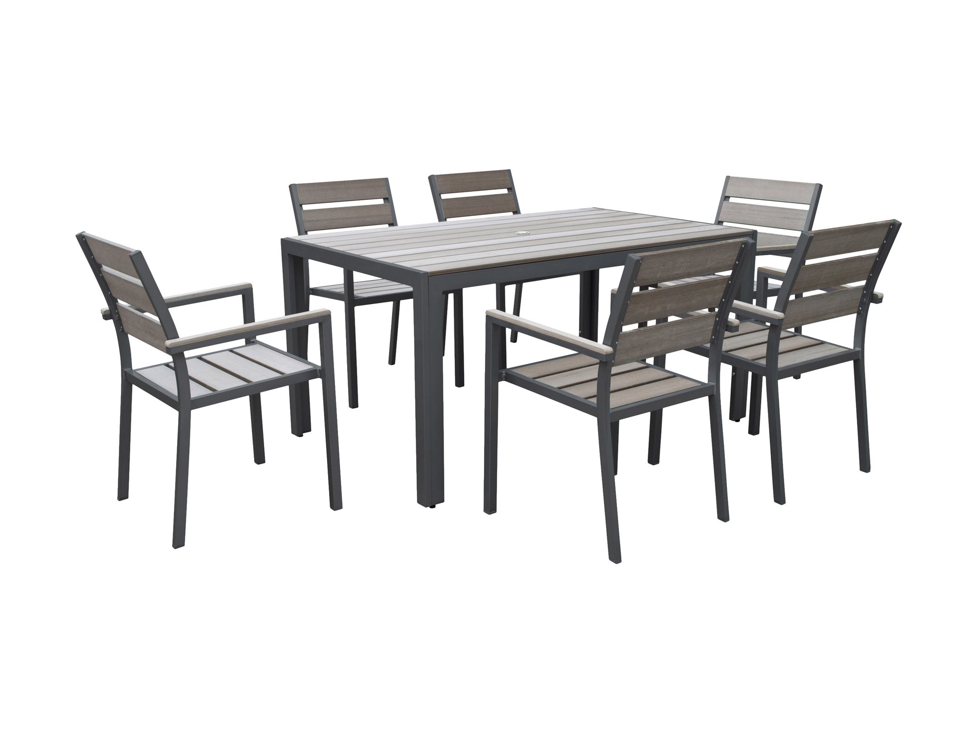 Modern outdoor dining set with 6 cushioned chairs and rectangular table, featuring a sleek black metal frame and weather-resistant gray fabric, perfect for patio or garden use.
