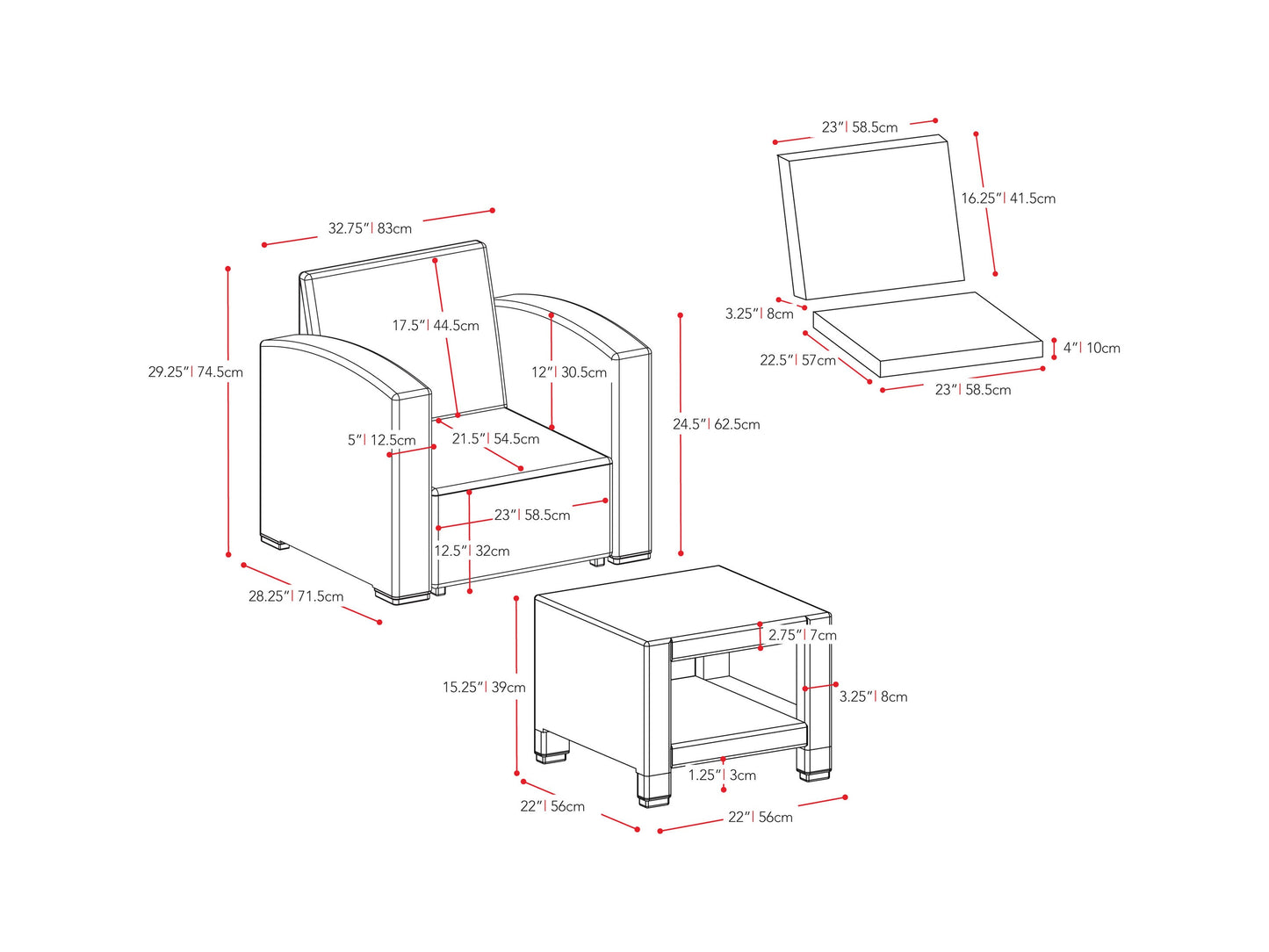 Modern outdoor patio conversation set, 4-piece, featuring two beige cushioned chairs, matching ottoman, and a glass-top table, all with sleek black metal frames, perfect for garden or backyard relaxation.