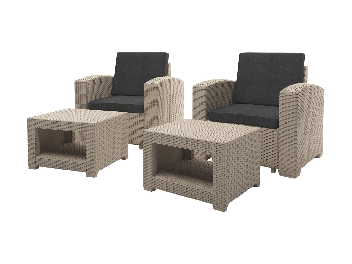 Gray wicker patio conversation set with white cushions, including two armchairs, a loveseat, and an ottoman on a wooden deck, perfect for outdoor lounging and entertaining.