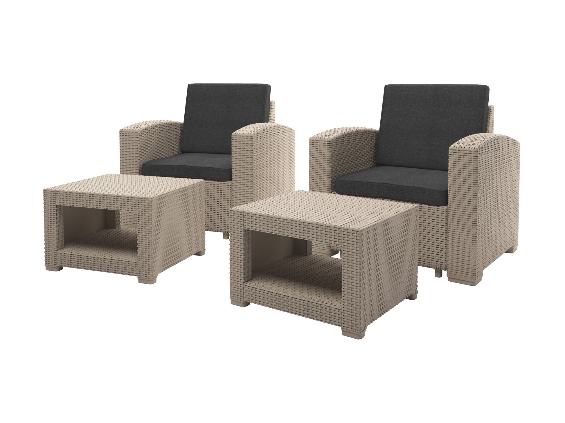 Gray wicker patio conversation set with white cushions, including two armchairs, a loveseat, and an ottoman on a wooden deck, perfect for outdoor lounging and entertaining.