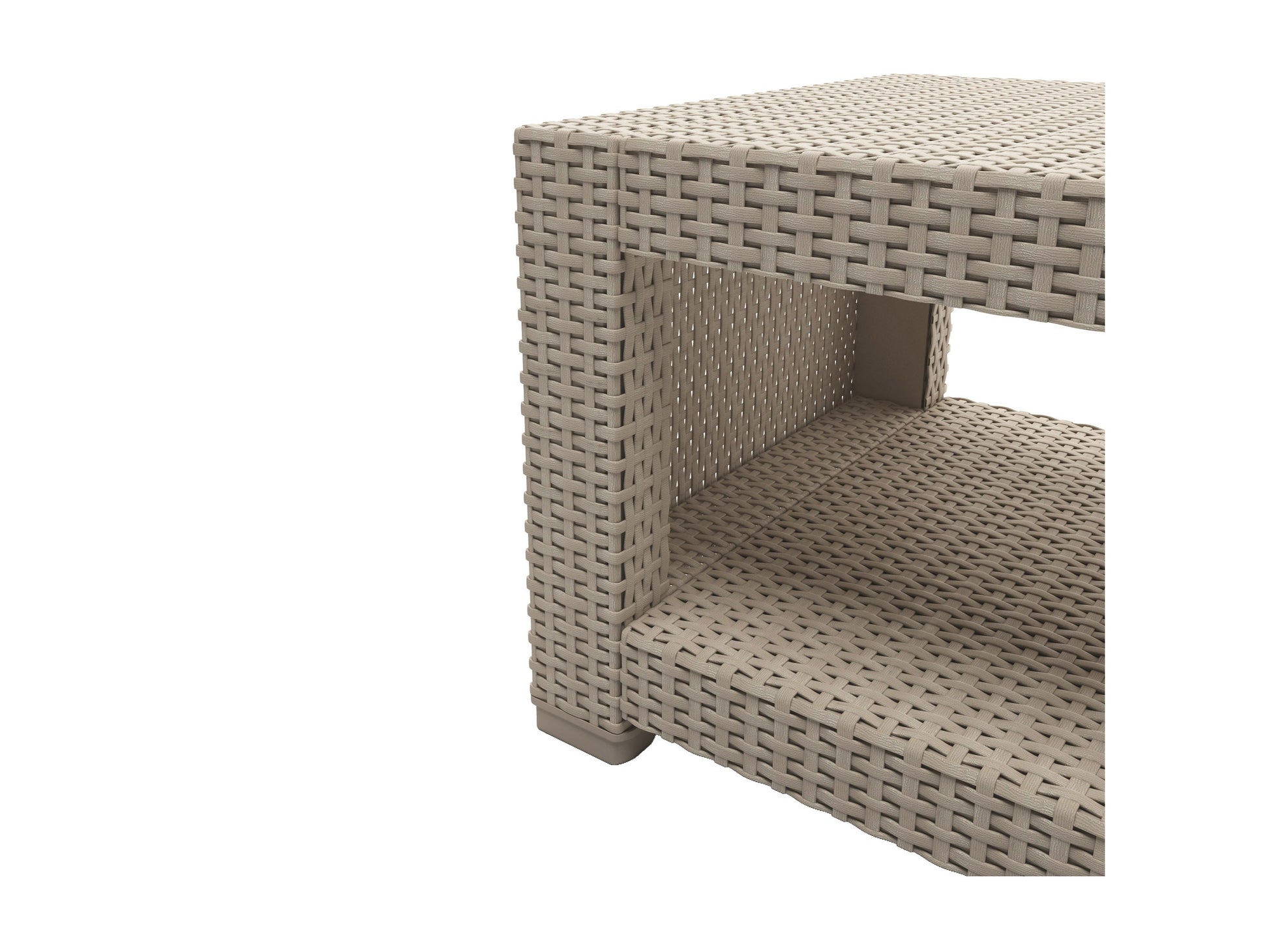 4-piece patio conversation set with gray wicker chairs and ottomans, featuring plush beige cushions and a glass-top coffee table, ideal for outdoor relaxation and entertaining.