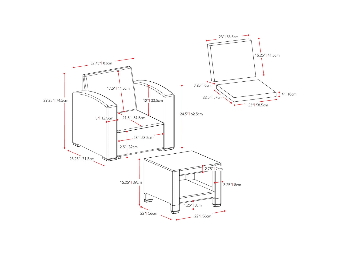 grey and black weave Outdoor Chairs with Ottoman, 4pc Patio Set Adelaide Collection measurements diagram by CorLiving#color_grey-and-black-weave