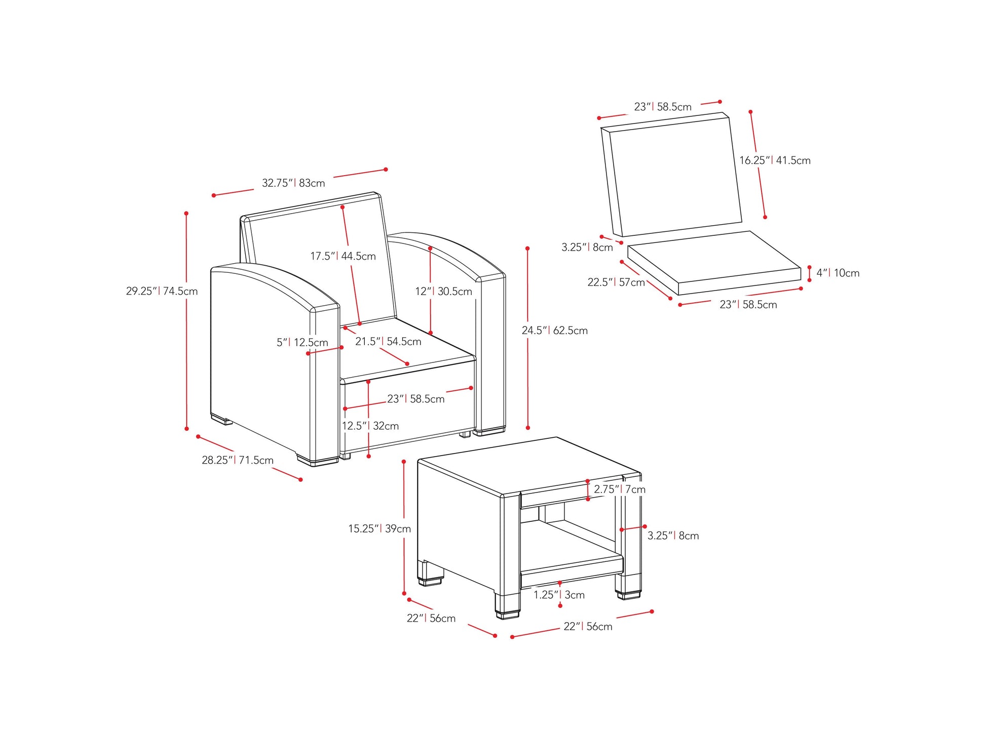 grey and black weave Outdoor Chairs with Ottoman, 4pc Patio Set Adelaide Collection measurements diagram by CorLiving#color_grey-and-black-weave