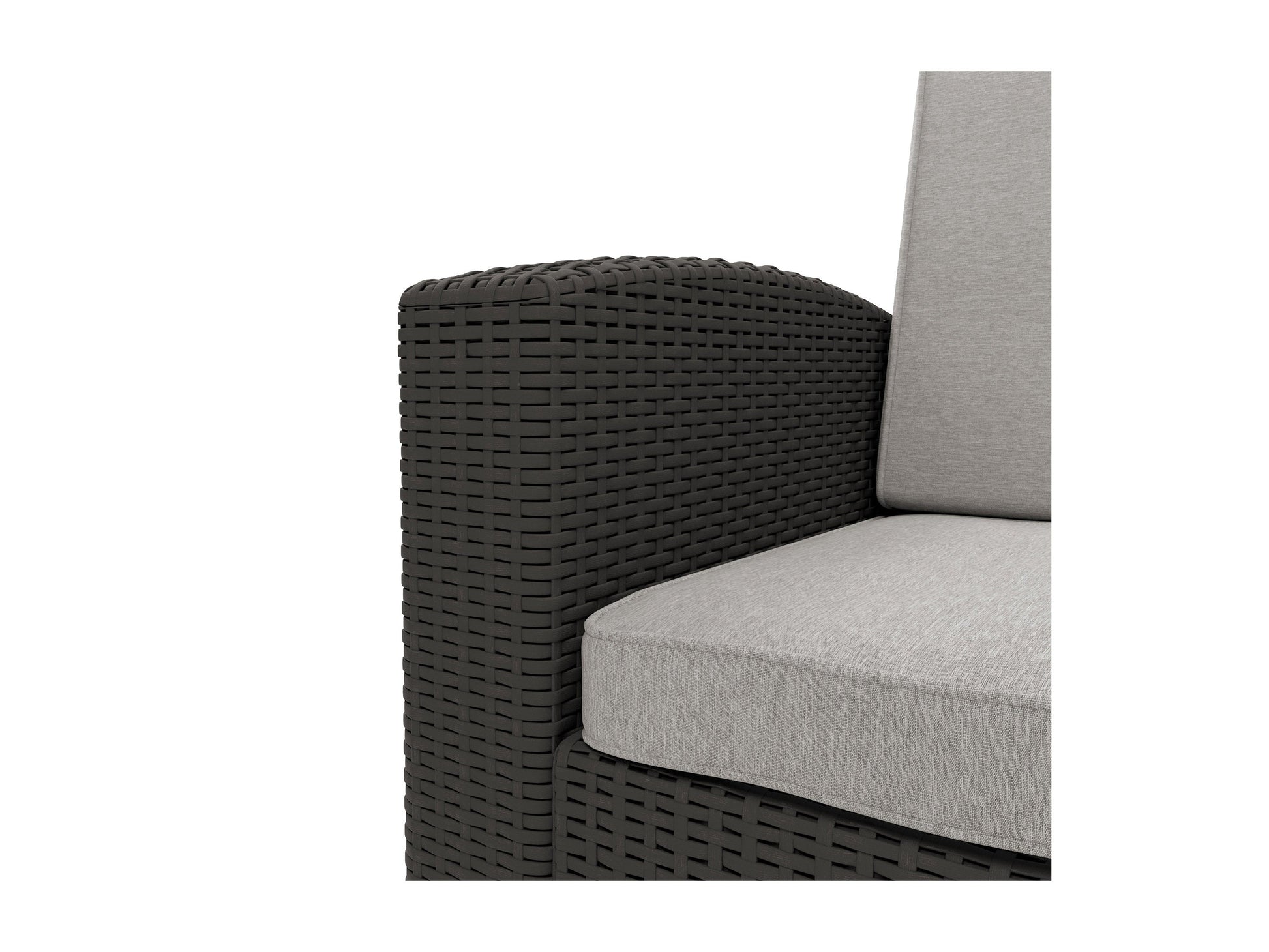 Modern 4-piece patio conversation set with two gray cushioned chairs, matching ottomans, and a sleek black metal frame, perfect for outdoor relaxation and stylish garden seating.