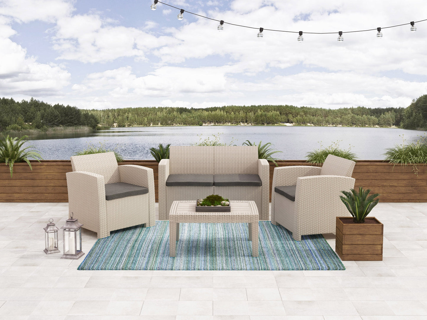 Gray wicker outdoor conversation set with beige cushions, featuring a 2-seater sofa, two armchairs, and a glass-top coffee table, ideal for patio lounge areas.