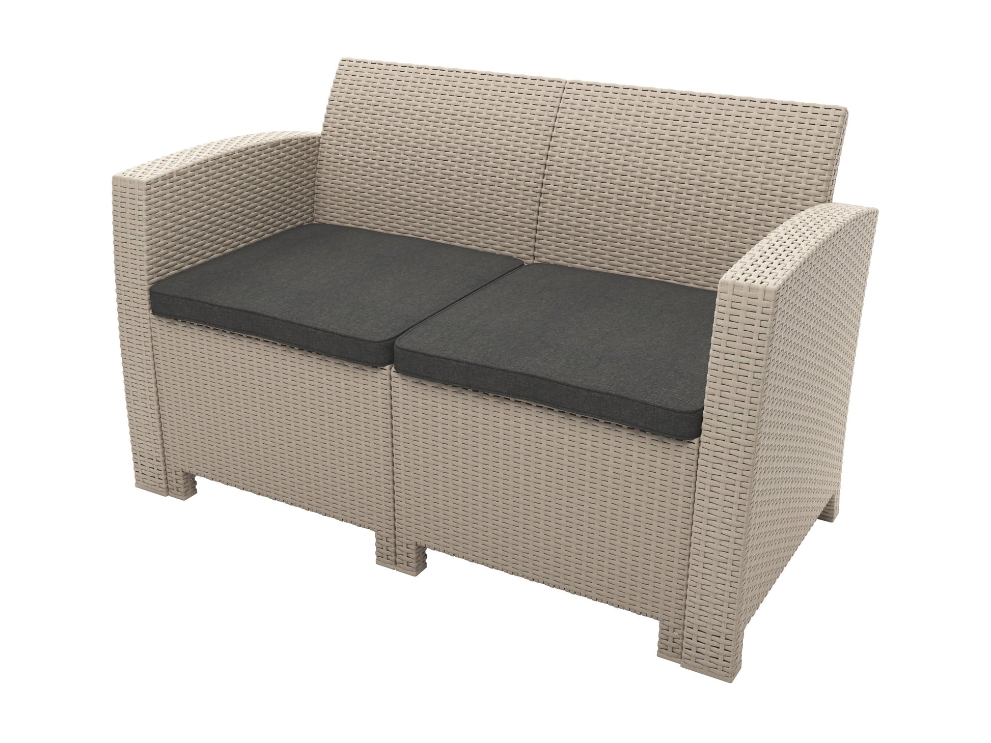 4-piece outdoor patio conversation set with gray cushioned chairs, brown wicker frames, and glass-top coffee table, perfect for garden or backyard lounging.