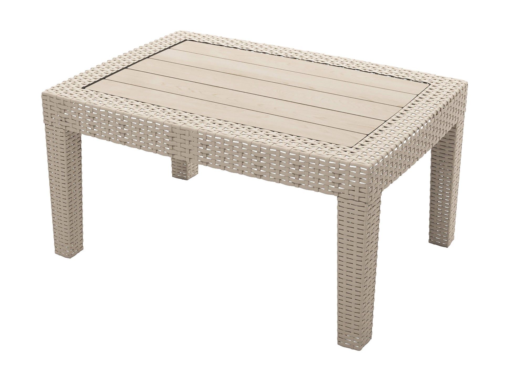 Four-piece outdoor patio conversation set with gray wicker frame, beige cushions, and glass-top coffee table. Features two armchairs, one loveseat, and a rectangular table, perfect for garden or deck seating.