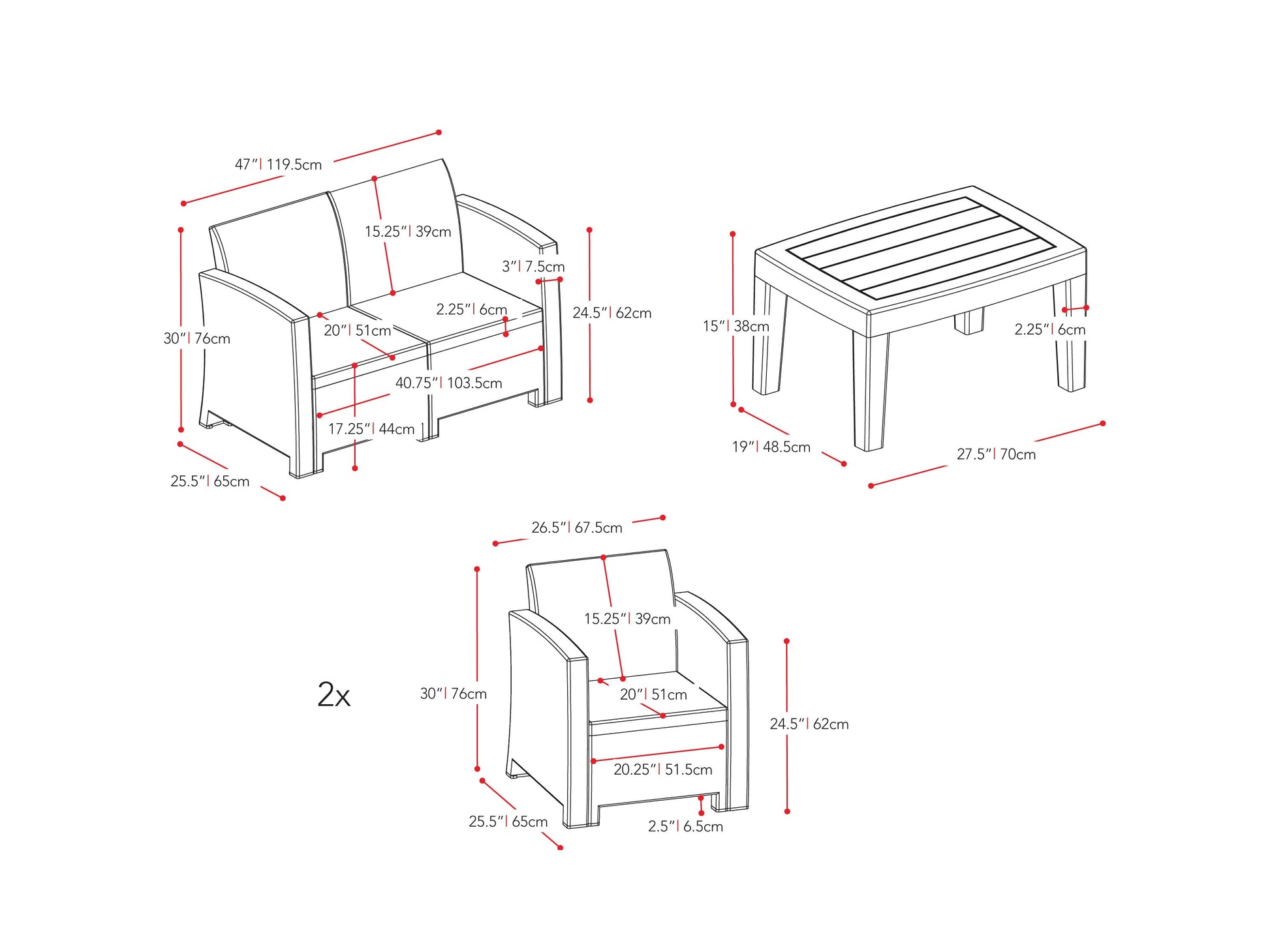 grey and black weave Outdoor Conversation Set, 4pc Adelaide Collection measurements diagram by CorLiving#color_grey-and-black-weave