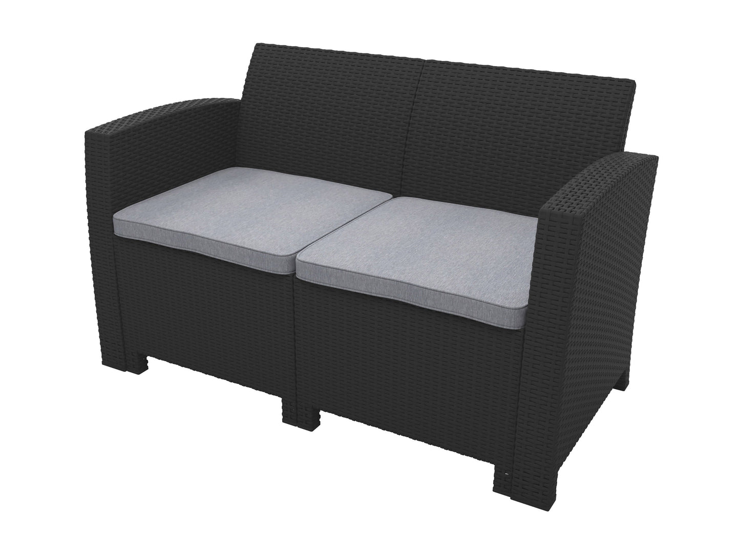 Outdoor patio conversation set, 4-piece, featuring a dark brown wicker frame with beige cushions, includes a loveseat, two armchairs, and a glass-top coffee table, perfect for garden or backyard lounging.