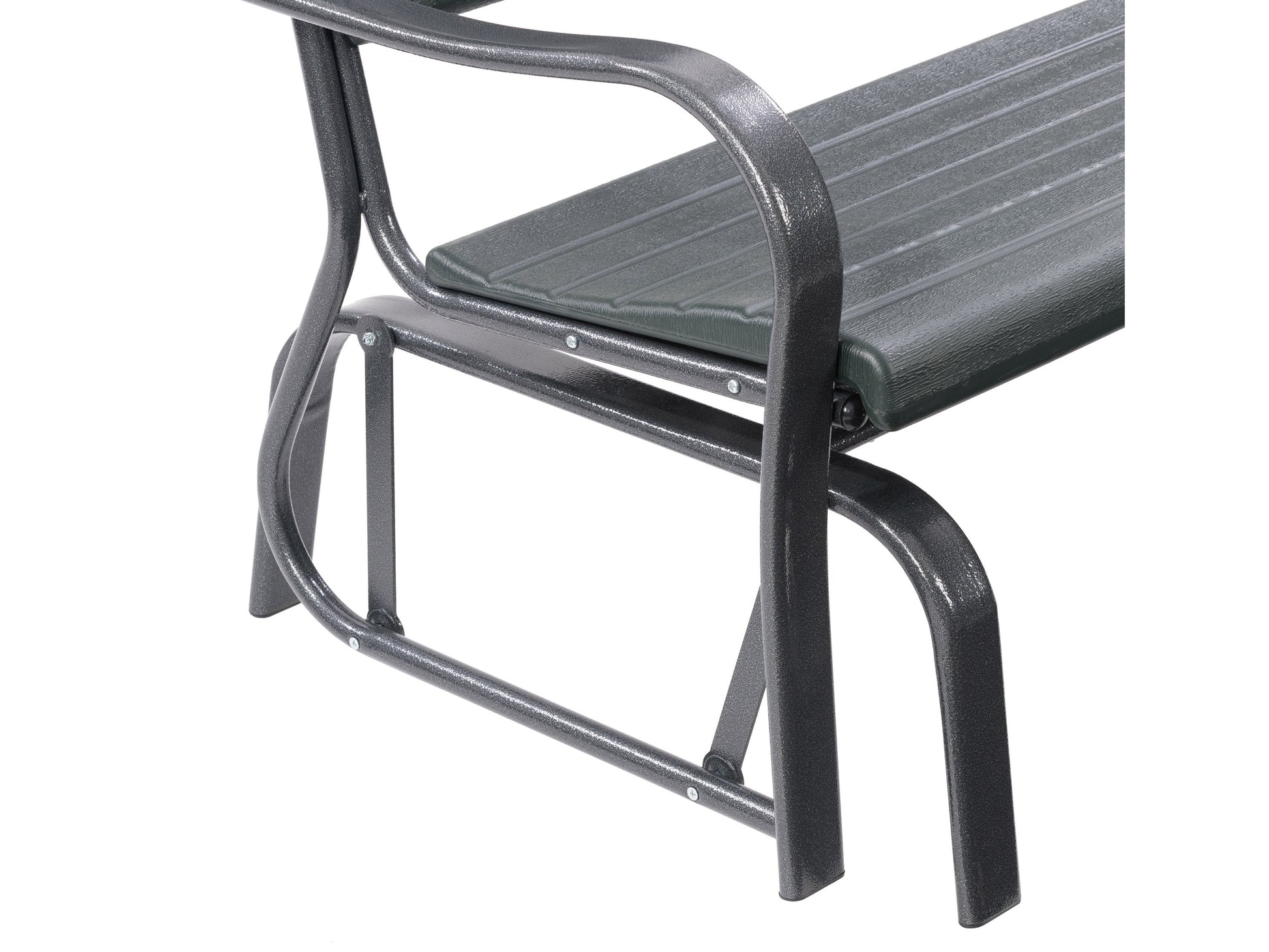 Dark gray gliding patio bench with sleek, modern design, featuring a sturdy metal frame, comfortable slatted backrest, and smooth gliding mechanism for outdoor relaxation.