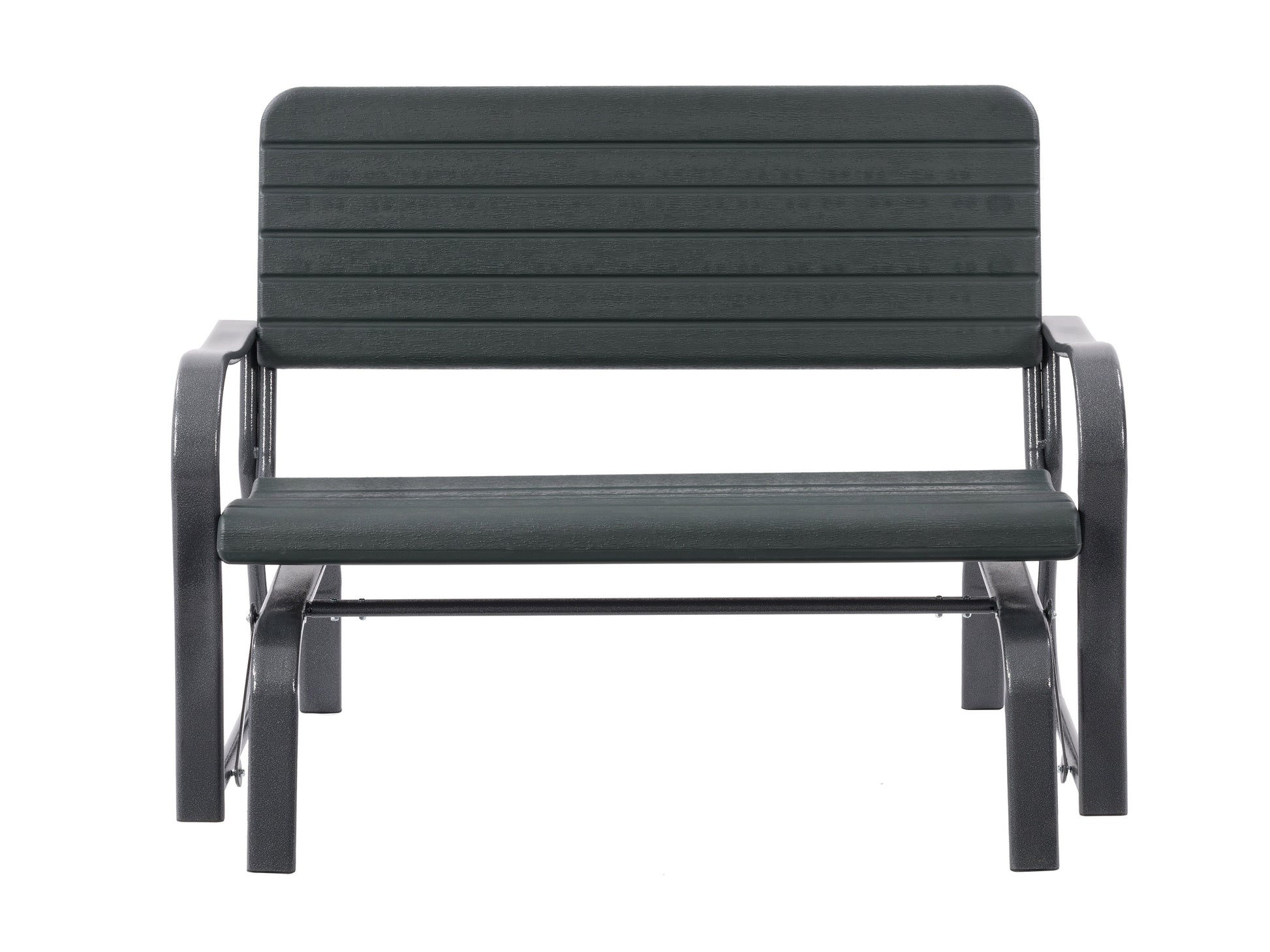 Modern patio gliding bench with sleek grey metal frame, comfortable beige cushioned seat, and backrest. Ideal for outdoor relaxation, durable and weather-resistant, perfect for gardens and patios.