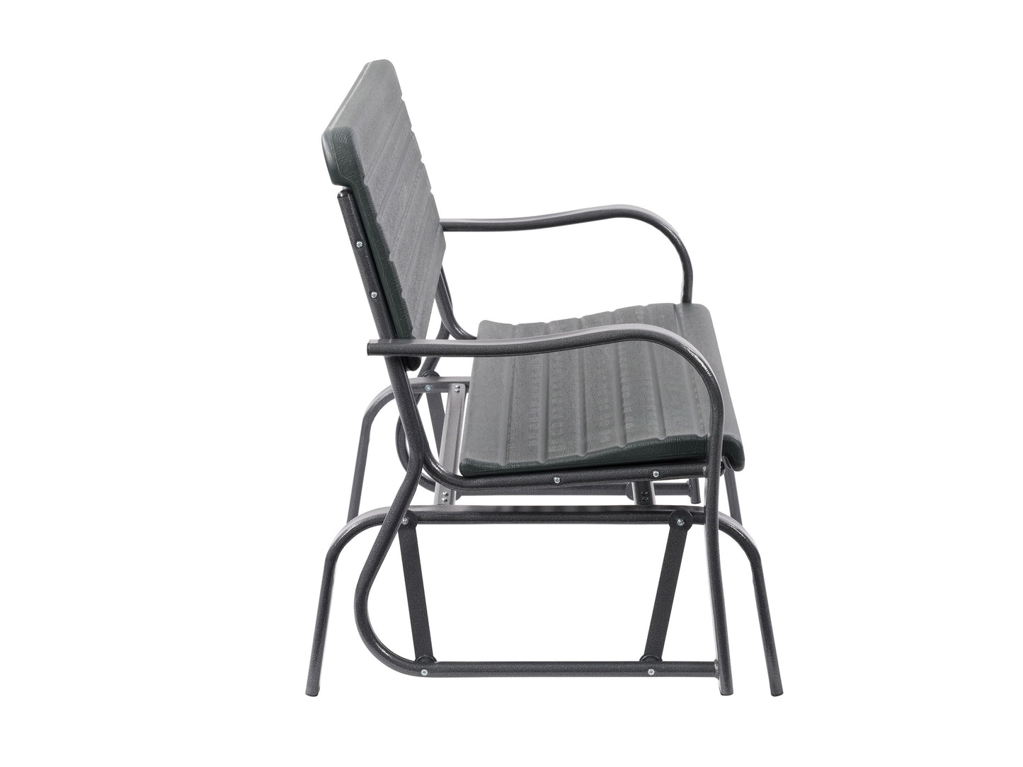 Modern patio gliding bench with gray metal frame and light wood slats, featuring smooth gliding mechanism and ergonomic design for outdoor seating. Ideal for garden, porch, or patio relaxation.