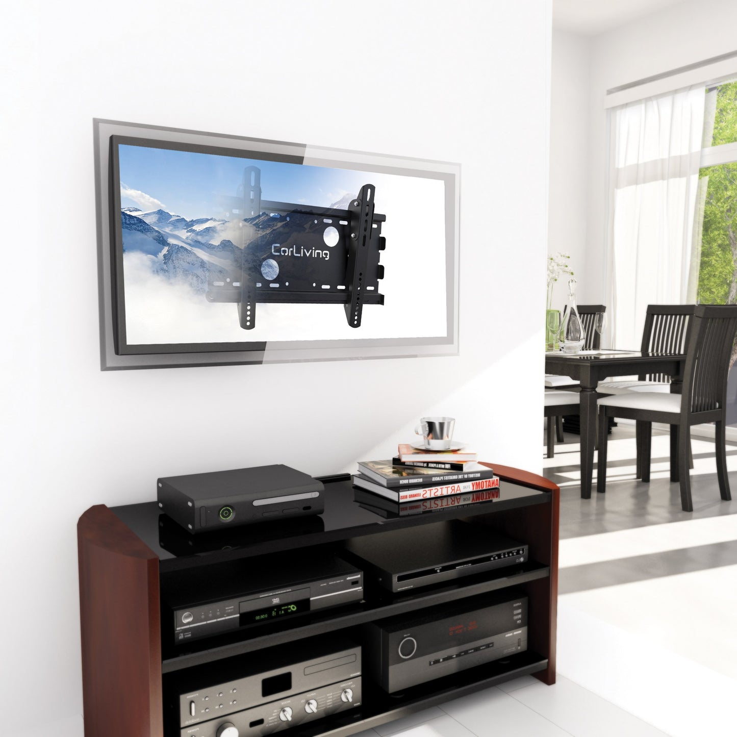 Black adjustable 65 inch TV wall mount with tilt and swivel features, designed for 27 to 65 inch flat-screen TVs, sturdy steel construction, easy installation, and cable management system.