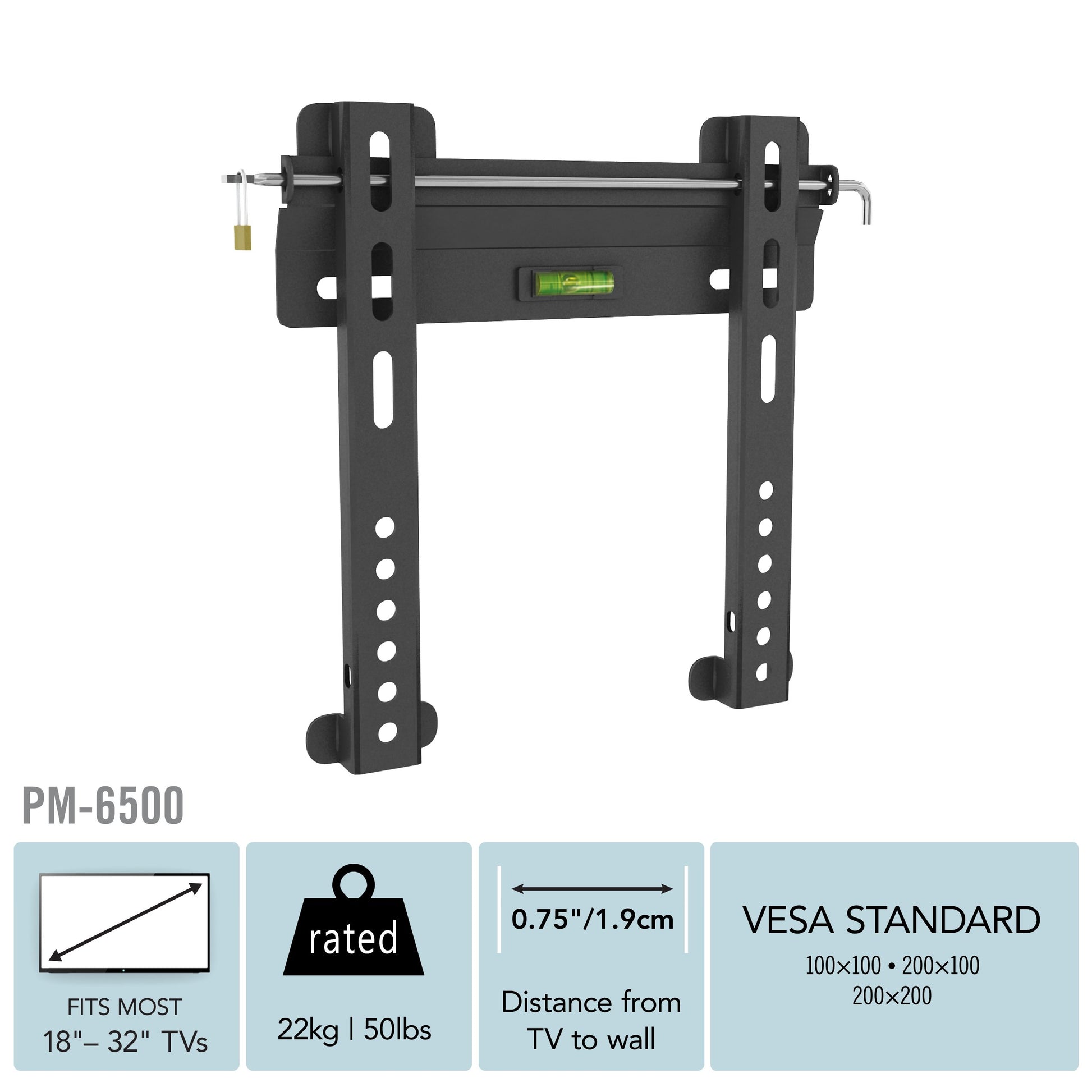 Fixed TV wall mount for 18" - 32" TVs, black steel frame, slim profile, durable construction, easy installation, secure mounting bracket, compatible with most flat-screen TVs, ideal for living rooms and bedrooms.