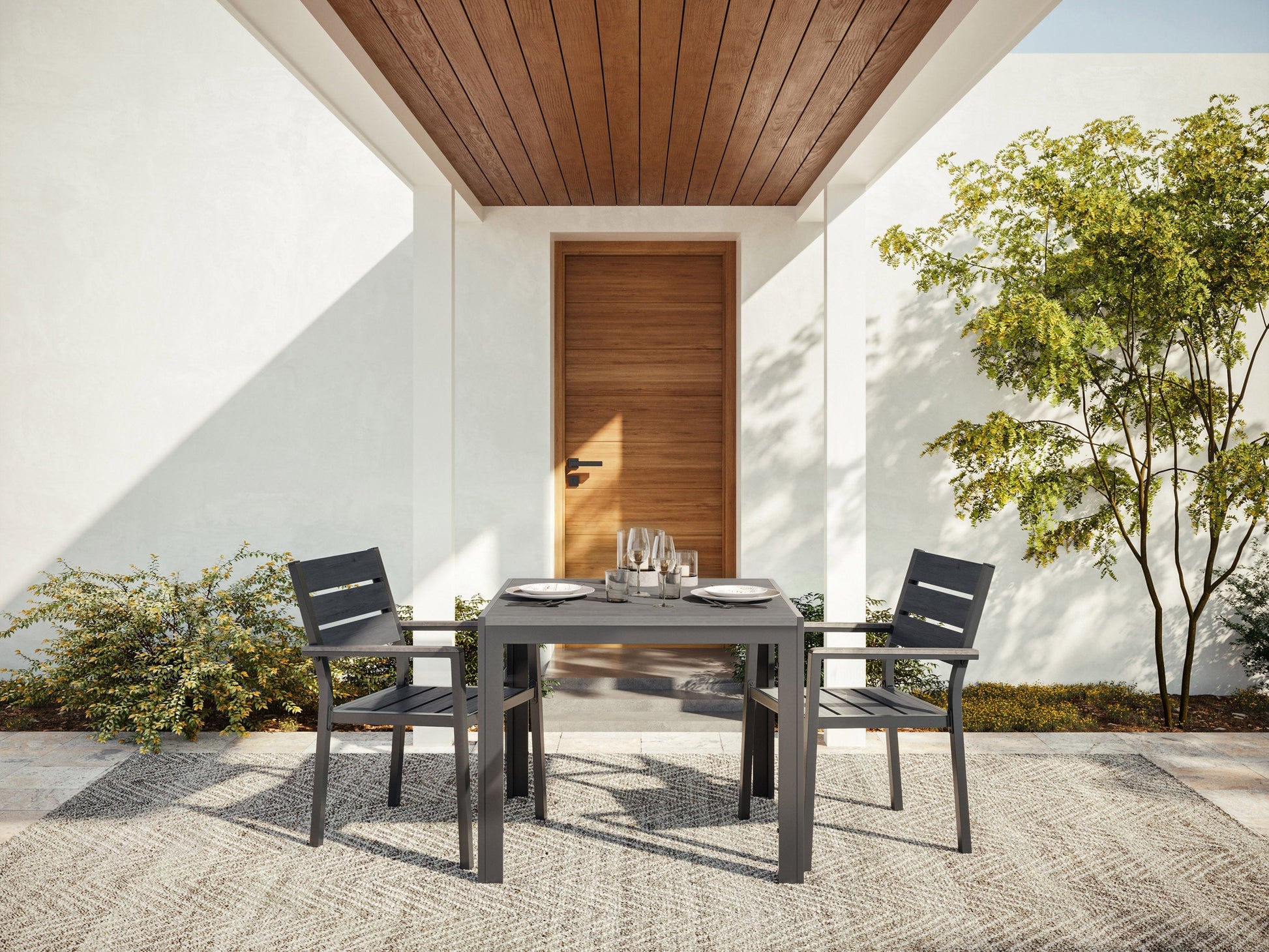 Set of 2 patio dining chairs with weather-resistant wicker, featuring beige cushions and a sturdy metal frame, perfect for outdoor dining.