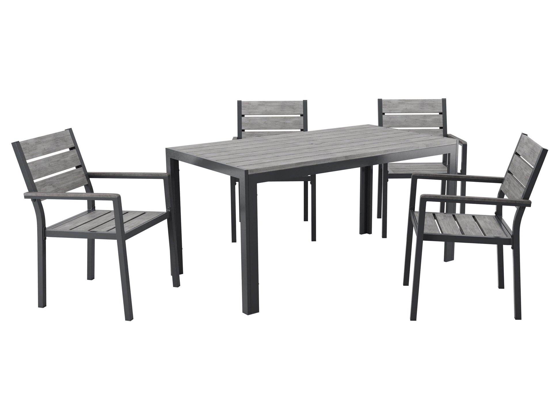 Modern outdoor dining set with a rectangular, glass-top table and four cushioned chairs in beige and brown wicker. Durable, weather-resistant materials perfect for patio or garden dining. Elegant and comfortable design.