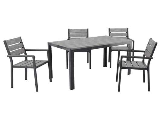 Modern outdoor dining set with a rectangular, glass-top table and four cushioned chairs in beige and brown wicker. Durable, weather-resistant materials perfect for patio or garden dining. Elegant and comfortable design.