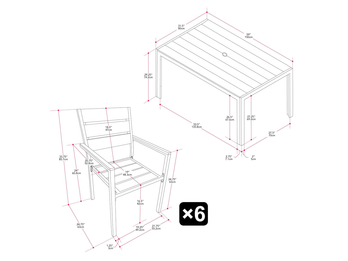 Modern outdoor patio dining set with six cushioned chairs and a rectangular wooden table, featuring a sleek black metal frame and weather-resistant materials, perfect for garden or backyard gatherings.
