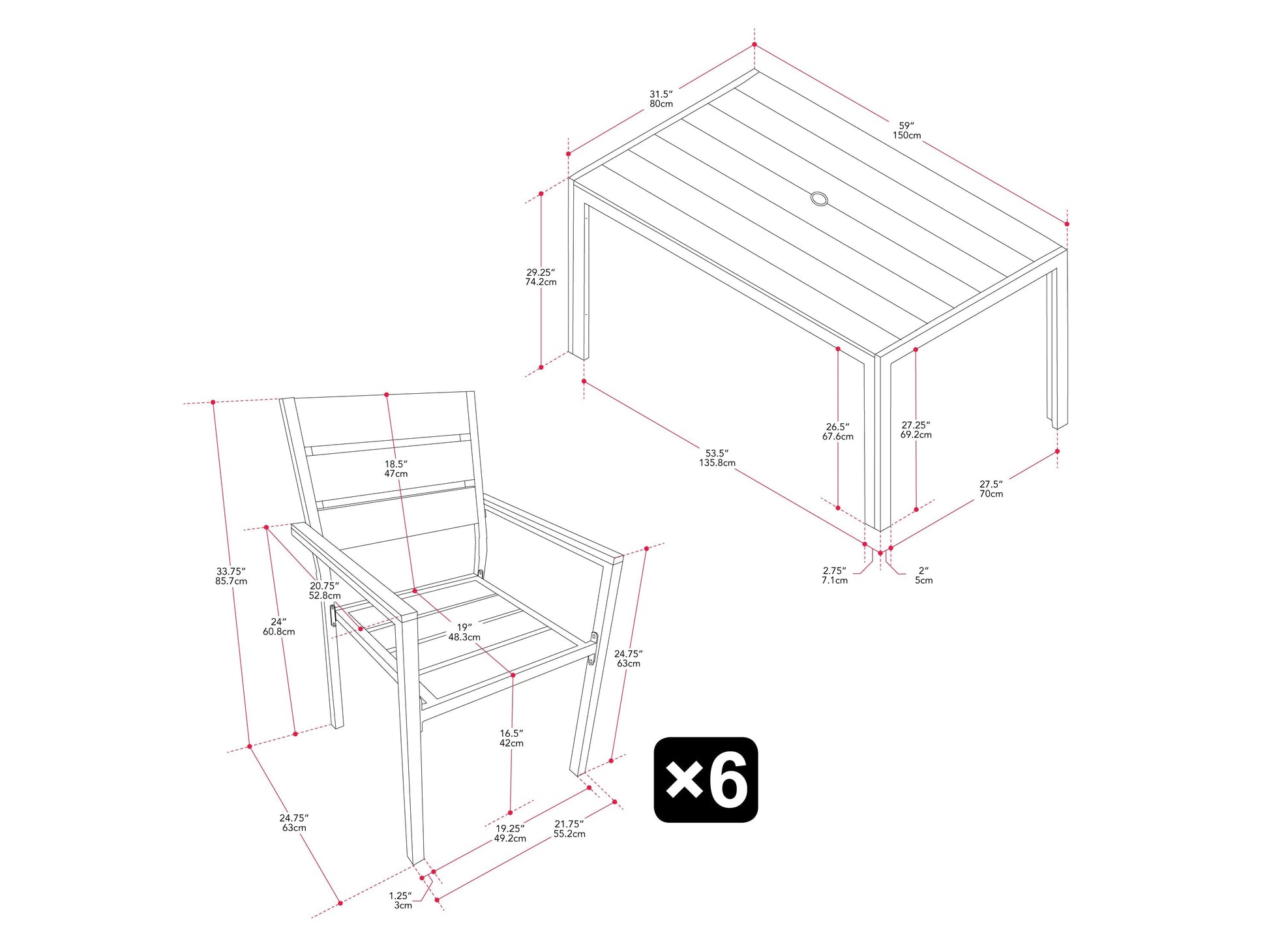 Modern outdoor patio dining set with six cushioned chairs and a rectangular wooden table, featuring a sleek black metal frame and weather-resistant materials, perfect for garden or backyard gatherings.