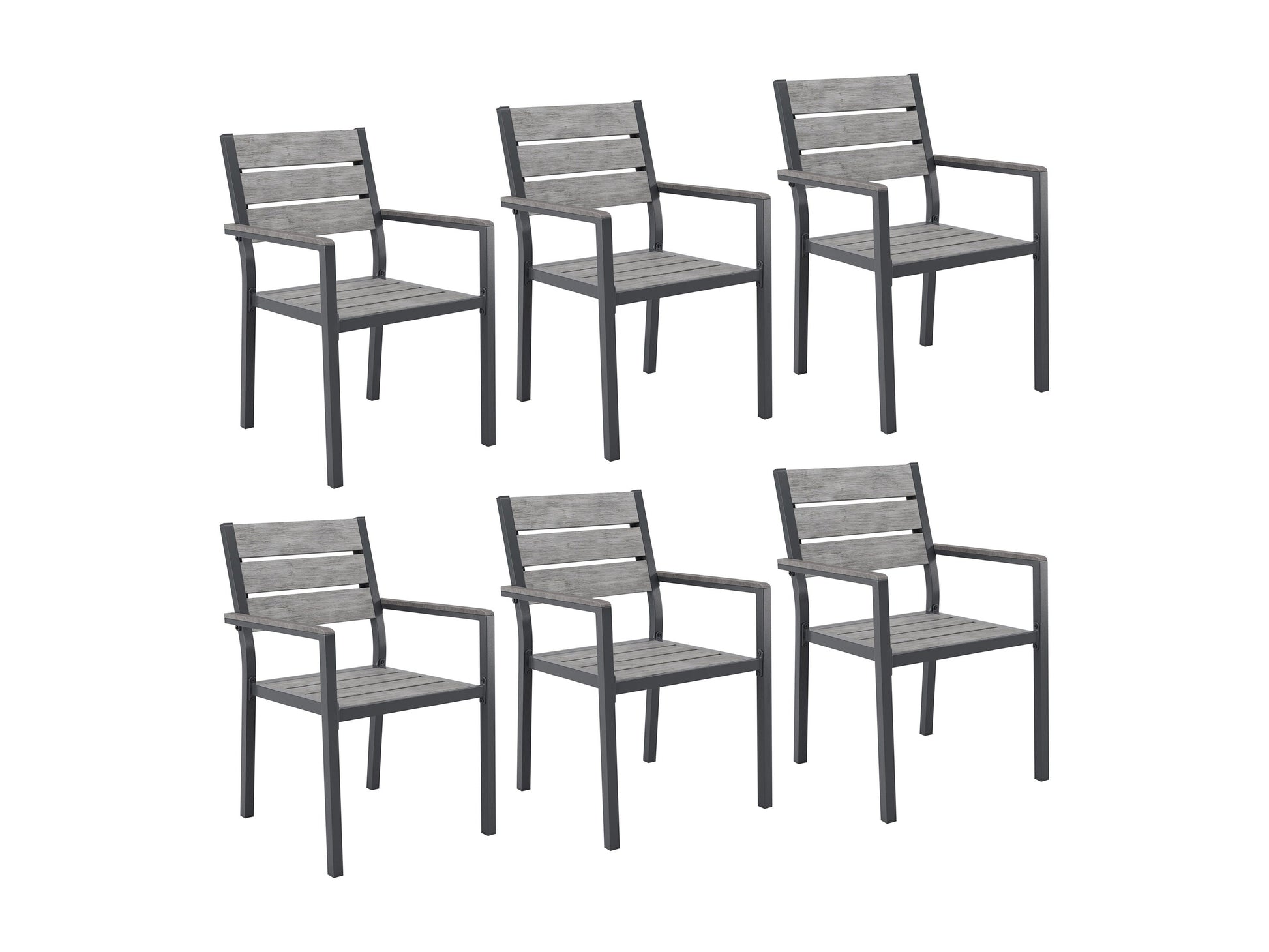 Modern outdoor patio dining set with six cushioned chairs and a rectangular wooden table, featuring a sleek black metal frame and weather-resistant materials, perfect for garden or backyard gatherings.