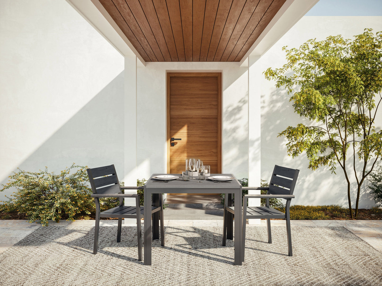 Square outdoor dining table with weather-resistant gray wicker frame, tempered glass top, and sturdy metal legs, perfect for patio or garden settings. Ideal for outdoor dining and entertaining.