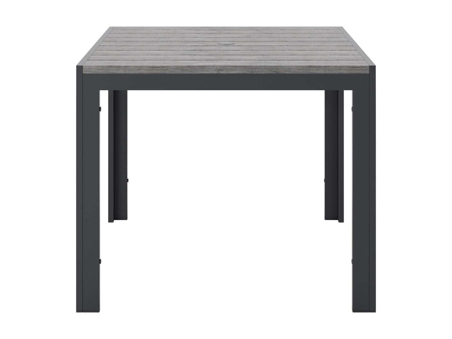 Square outdoor dining table with weather-resistant gray wicker frame, tempered glass top, and sturdy metal legs, perfect for patio or garden settings. Ideal for outdoor dining and entertaining.