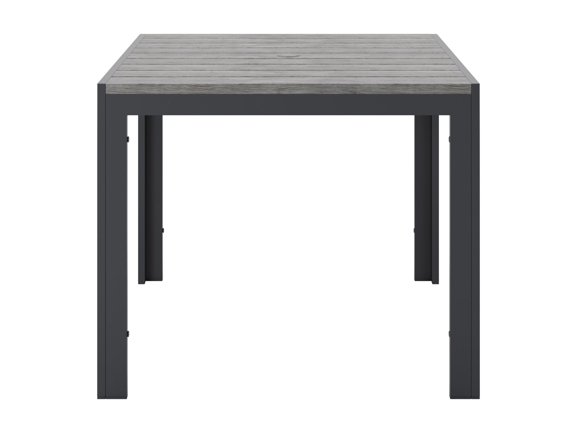 Square outdoor dining table with weather-resistant gray wicker frame, tempered glass top, and sturdy metal legs, perfect for patio or garden settings. Ideal for outdoor dining and entertaining.