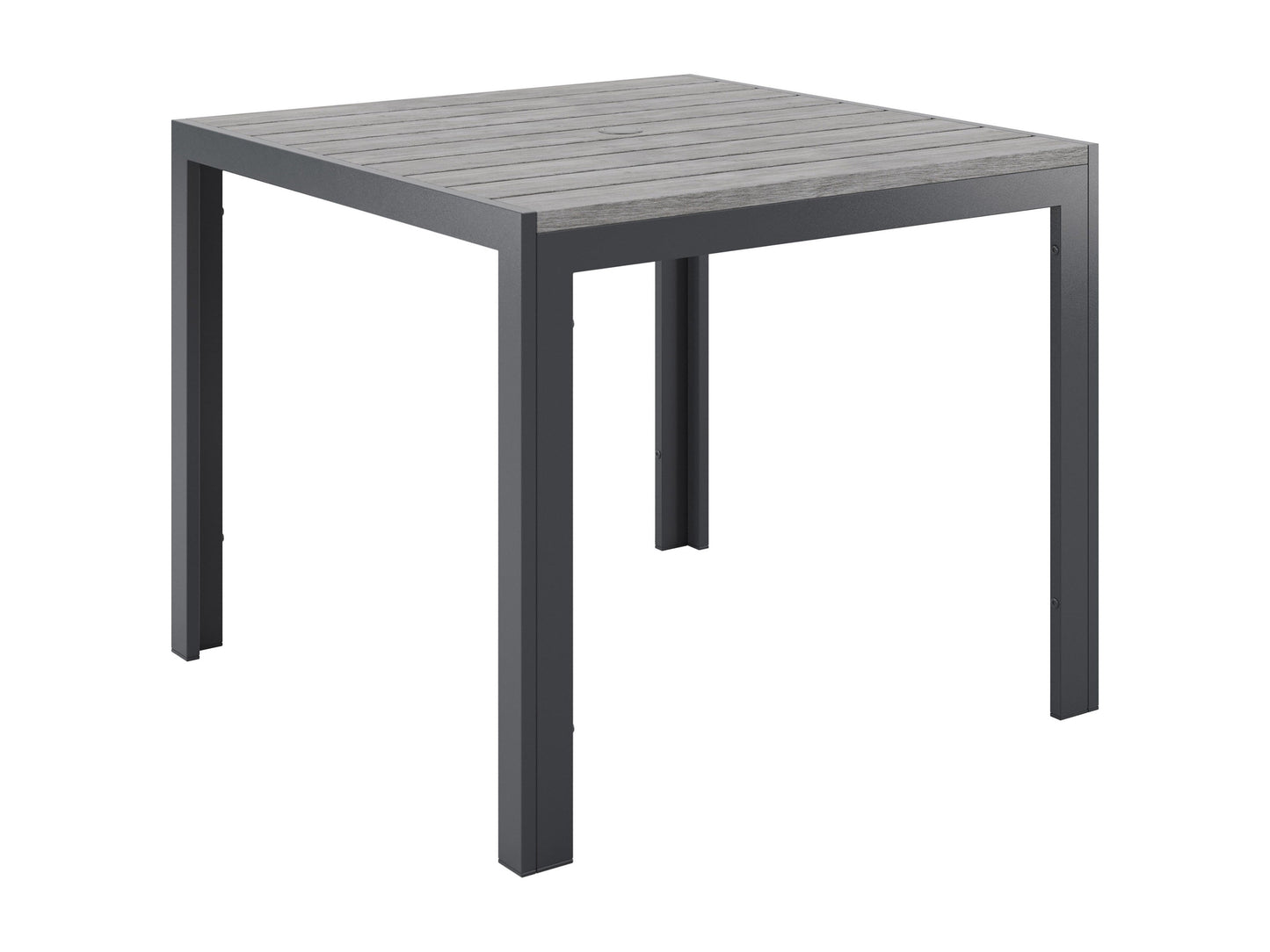 Square outdoor dining table with weather-resistant gray wicker frame, tempered glass top, and sturdy metal legs, perfect for patio or garden settings. Ideal for outdoor dining and entertaining.