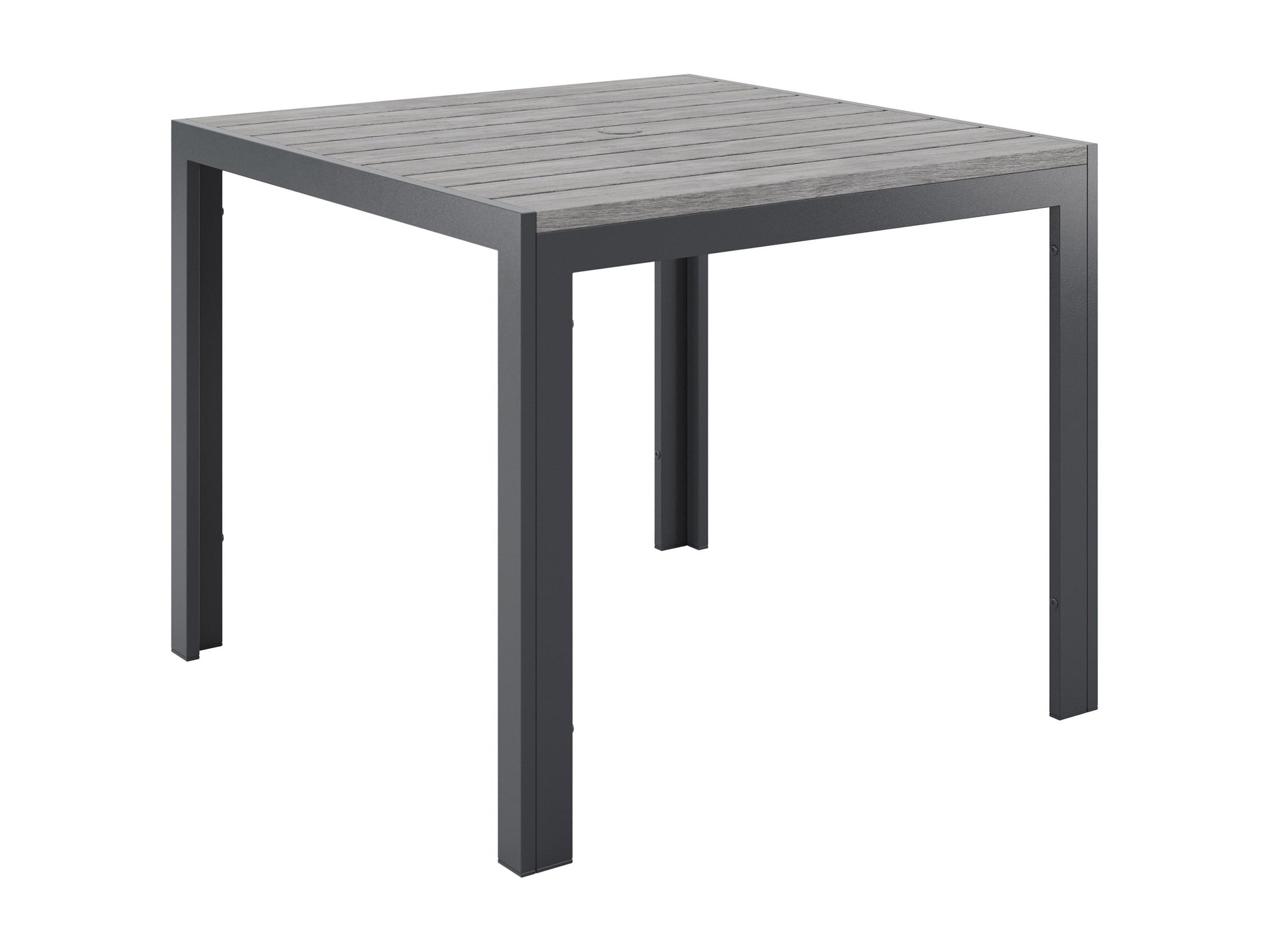 Square outdoor dining table with weather-resistant gray wicker frame, tempered glass top, and sturdy metal legs, perfect for patio or garden settings. Ideal for outdoor dining and entertaining.