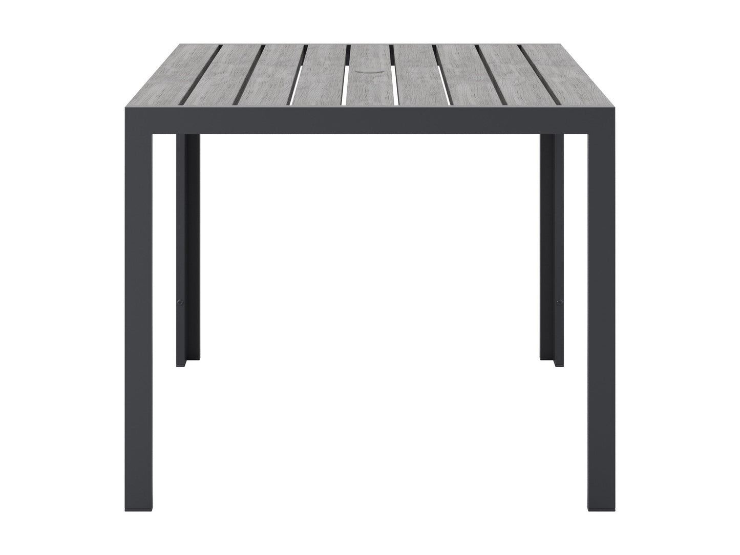 Square outdoor dining table with weather-resistant gray wicker frame, tempered glass top, and sturdy metal legs, perfect for patio or garden settings. Ideal for outdoor dining and entertaining.