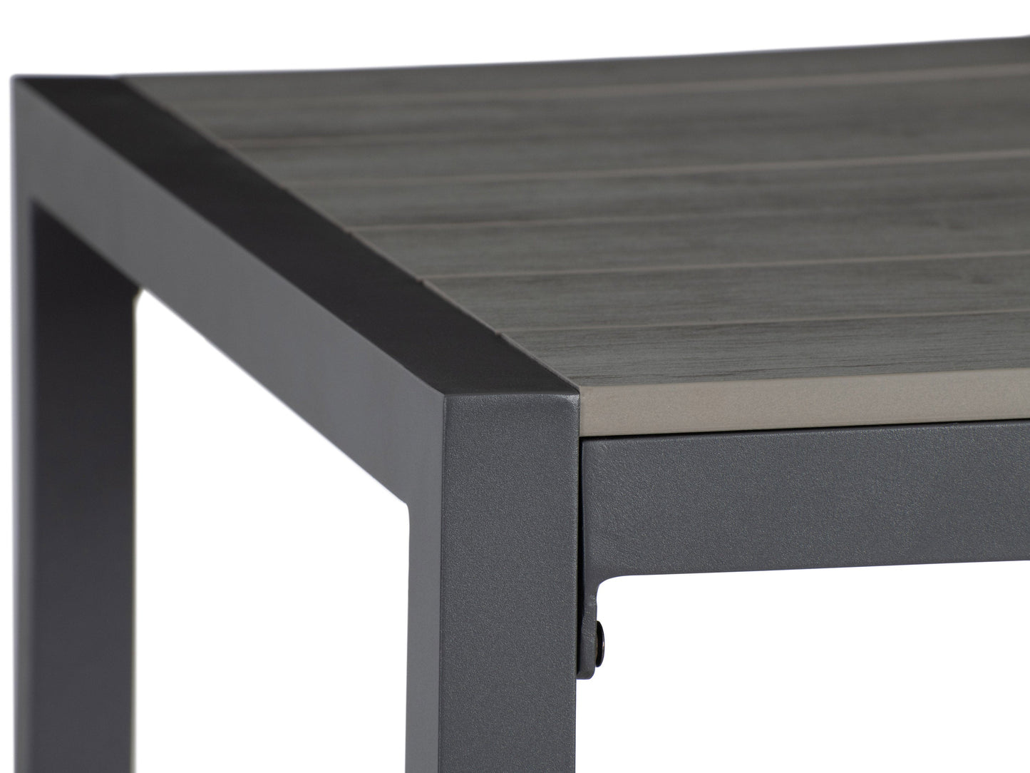 Sleek outdoor bar table with a black metal frame, tempered glass top, and built-in wine rack, perfect for patio or garden settings.