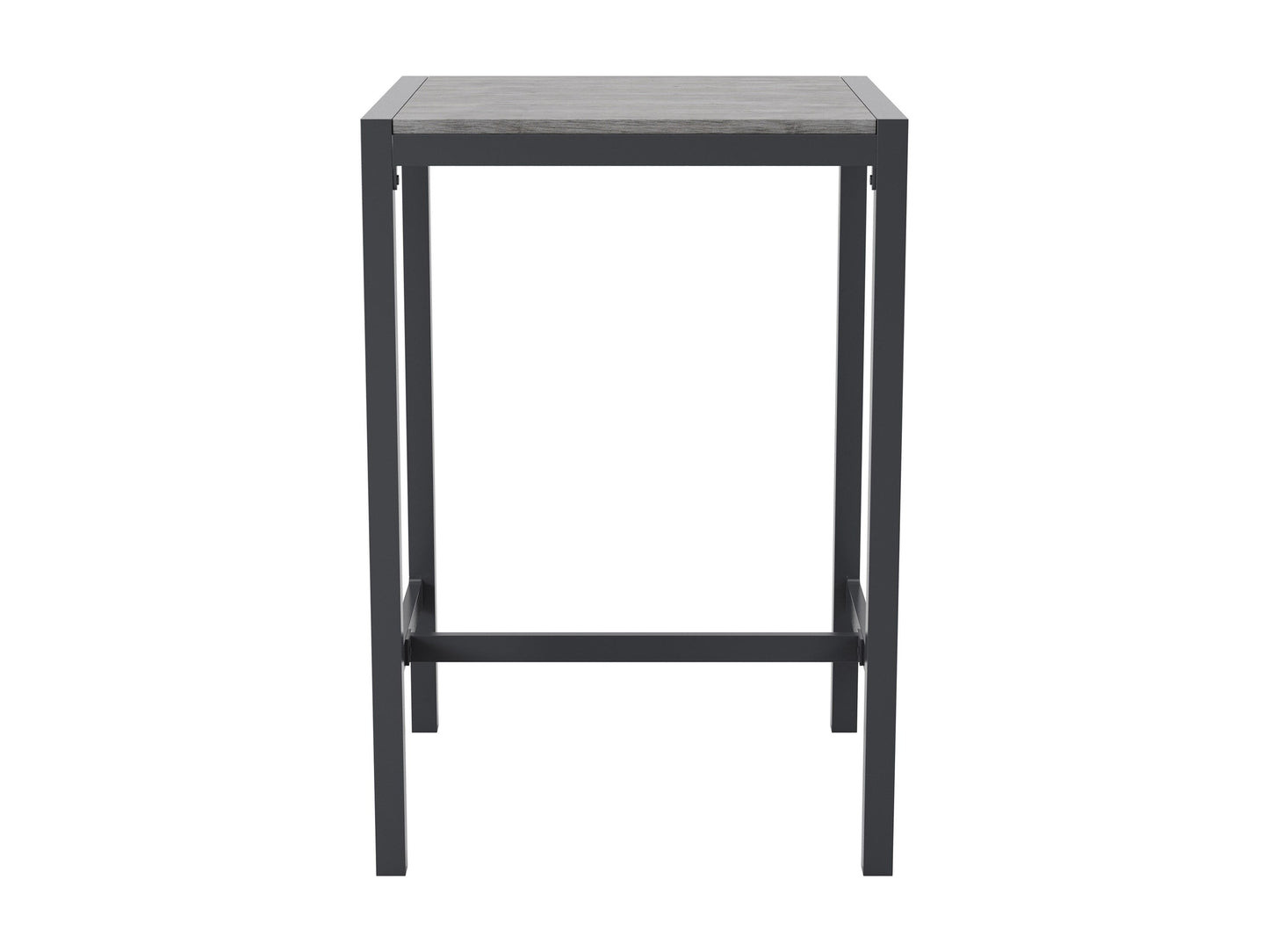 Sleek outdoor bar table with a black metal frame, tempered glass top, and built-in wine rack, perfect for patio or garden settings.