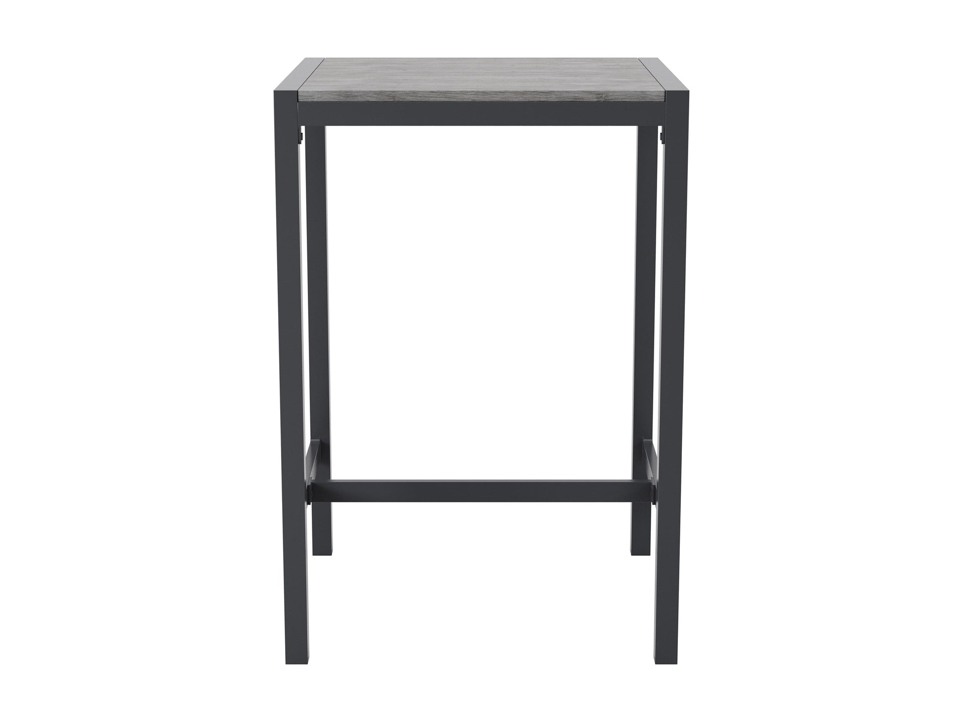 Sleek outdoor bar table with a black metal frame, tempered glass top, and built-in wine rack, perfect for patio or garden settings.