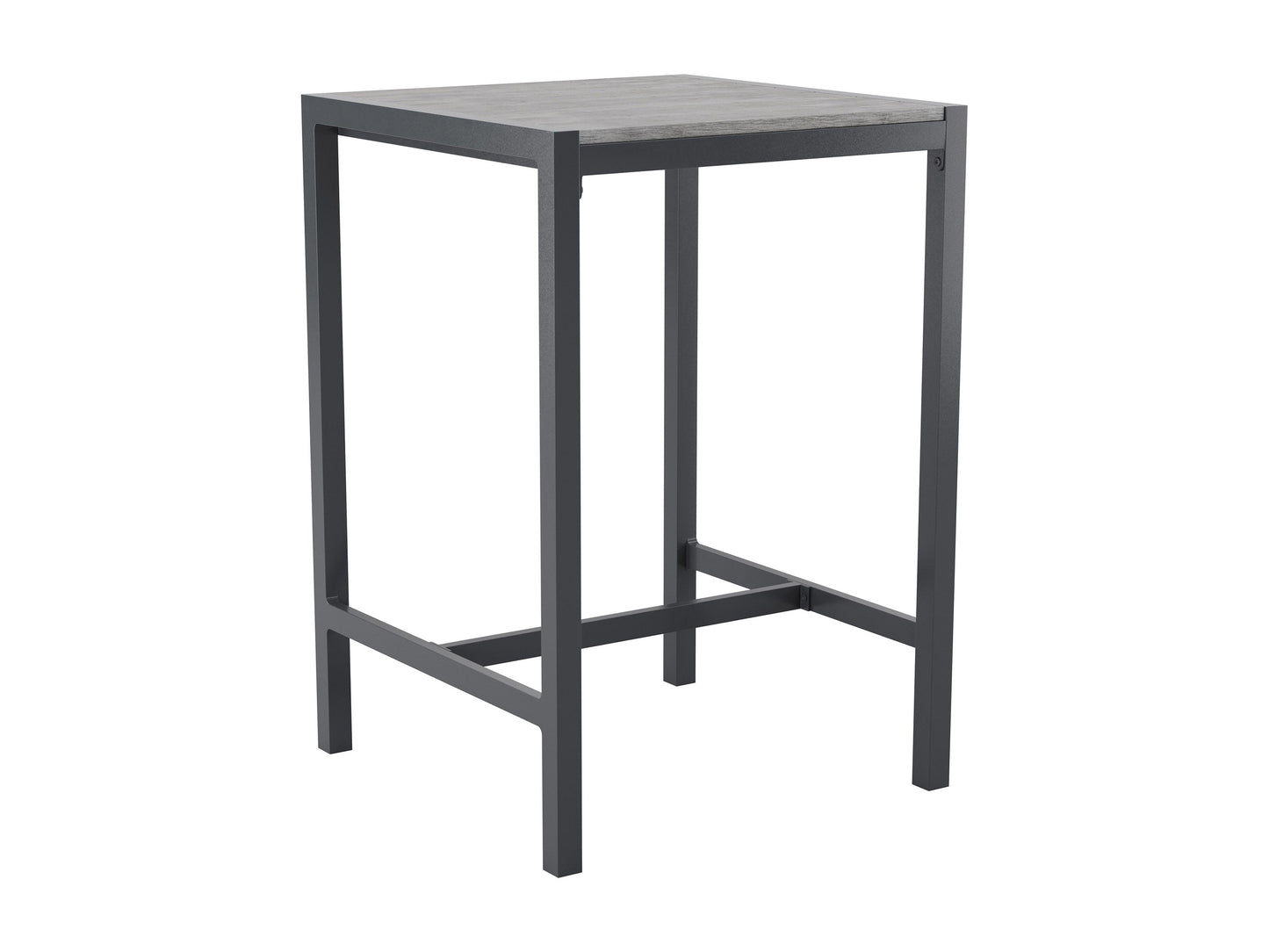Sleek outdoor bar table with a black metal frame, tempered glass top, and built-in wine rack, perfect for patio or garden settings.