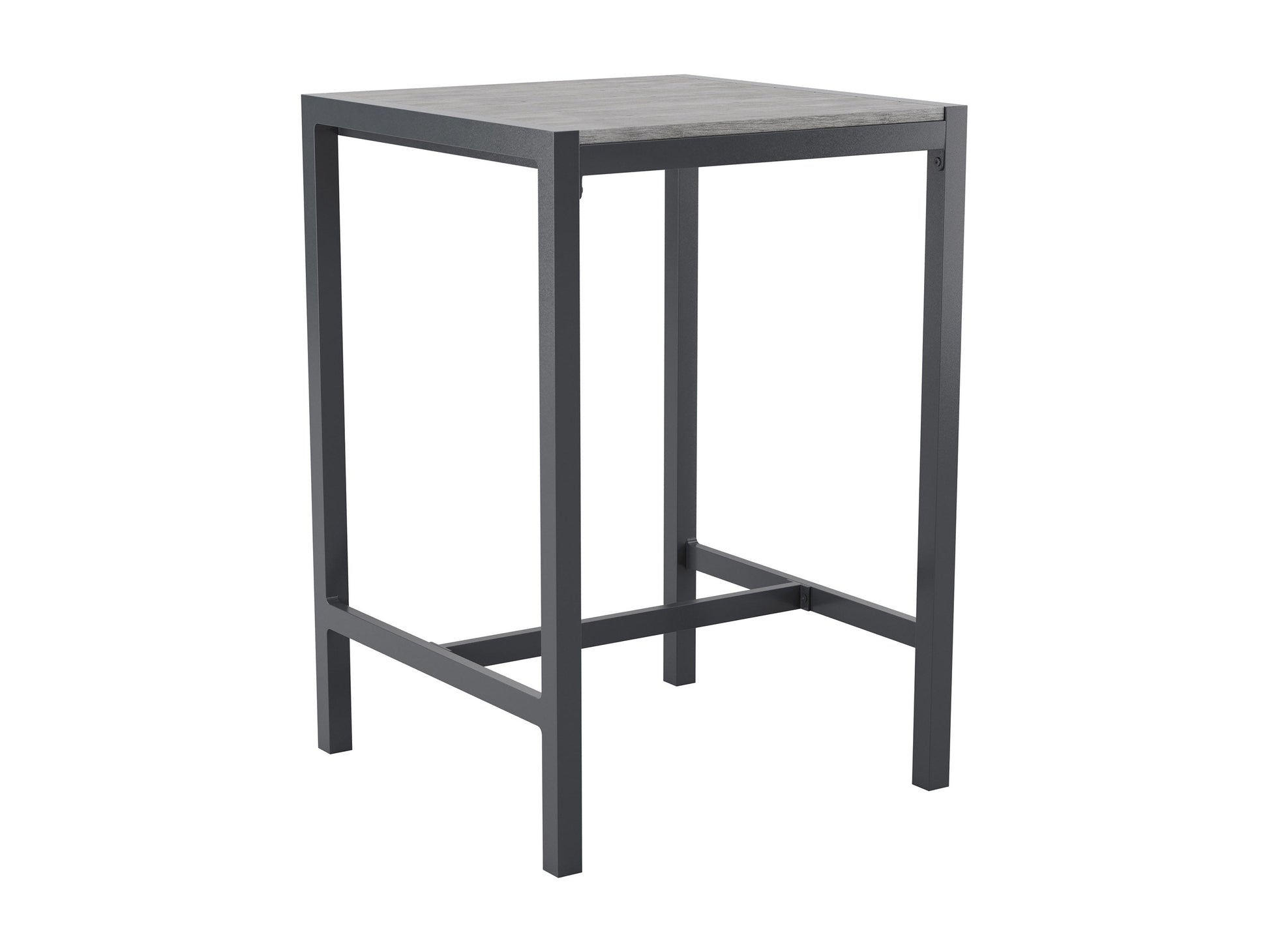 Sleek outdoor bar table with a black metal frame, tempered glass top, and built-in wine rack, perfect for patio or garden settings.