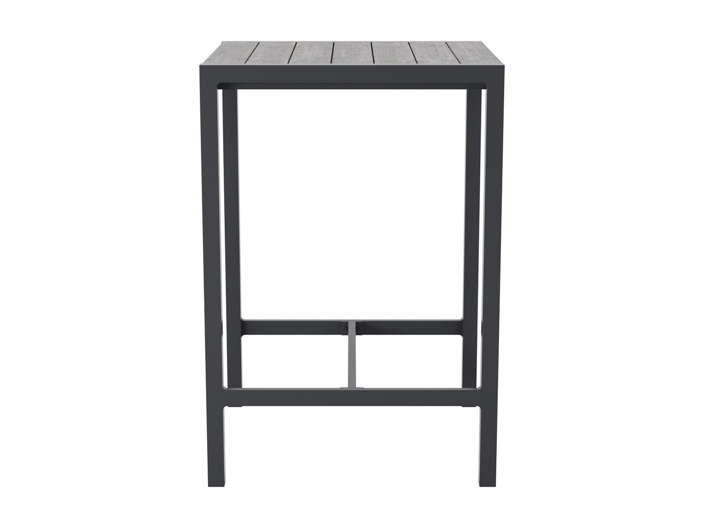 Sleek outdoor bar table with a black metal frame, tempered glass top, and built-in wine rack, perfect for patio or garden settings.