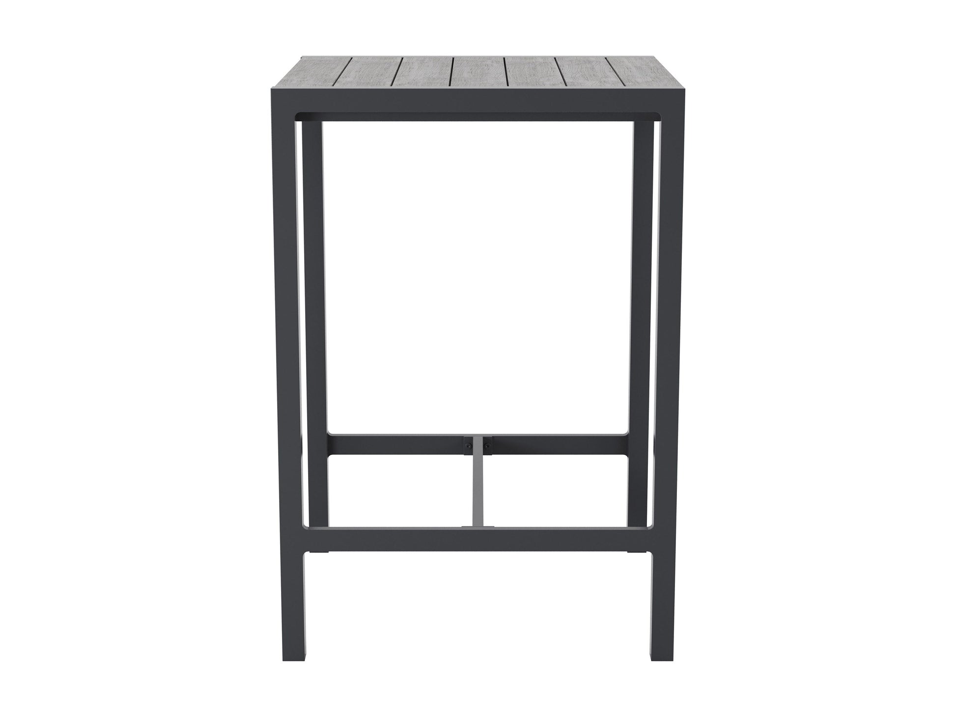 Sleek outdoor bar table with a black metal frame, tempered glass top, and built-in wine rack, perfect for patio or garden settings.