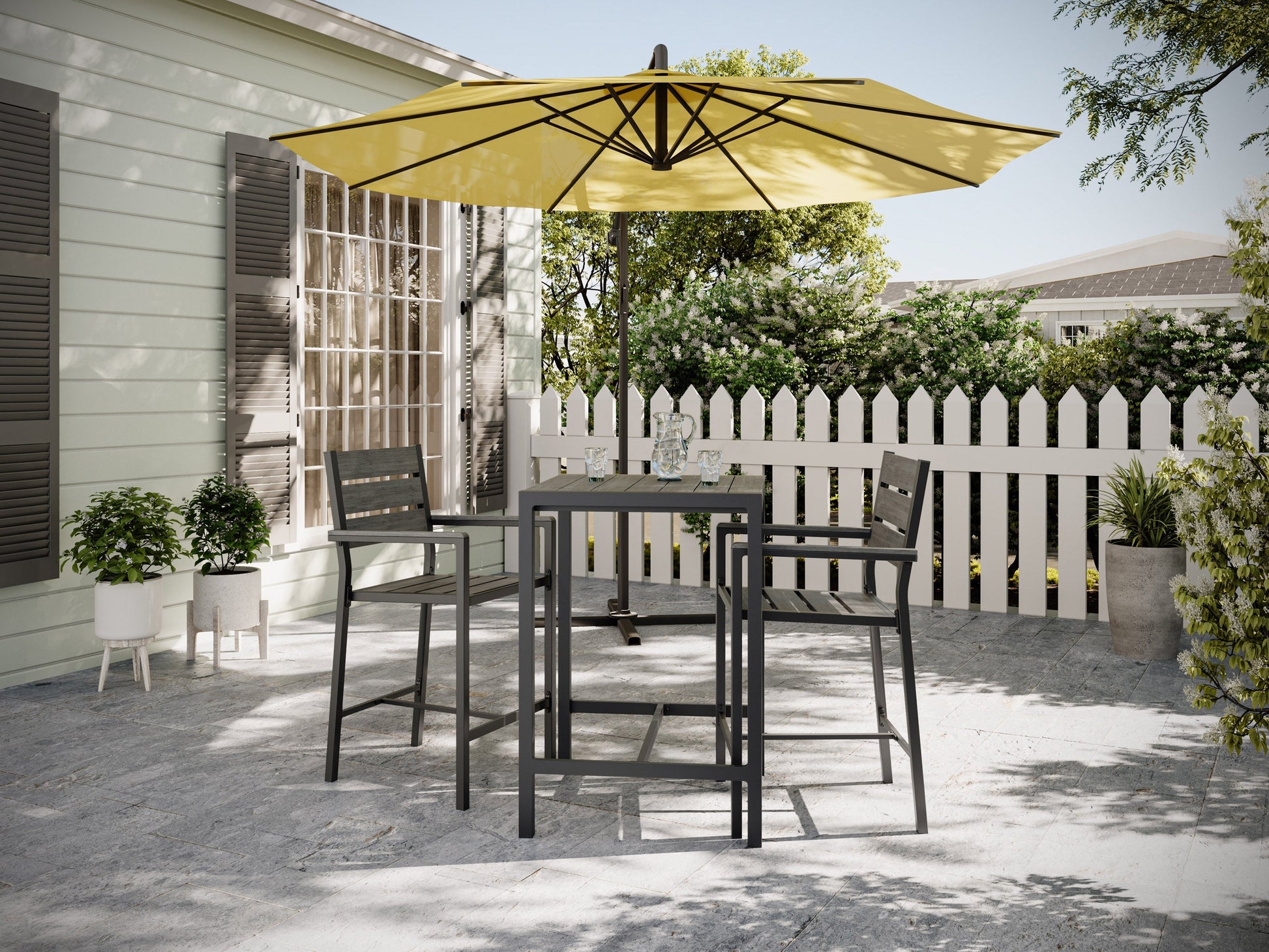 3-piece outdoor patio bar set with two brown wicker bar stools and a matching high-top table with a glass surface, featuring durable, weather-resistant materials perfect for backyard or garden use.