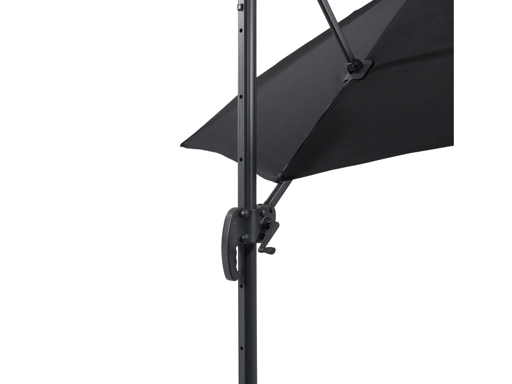 9.5ft offset patio umbrella with 360-degree rotation, features a sleek black canopy and durable aluminum frame, ideal for outdoor shading solutions in modern patio setups.