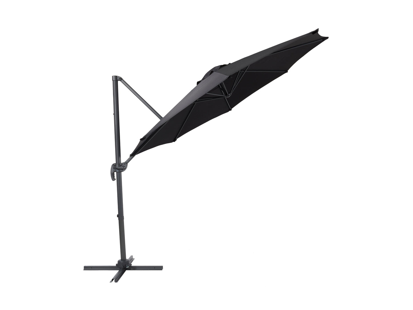 9.5ft offset patio umbrella with 360-degree rotation, features a sleek black canopy and durable aluminum frame, ideal for outdoor shading solutions in modern patio setups.